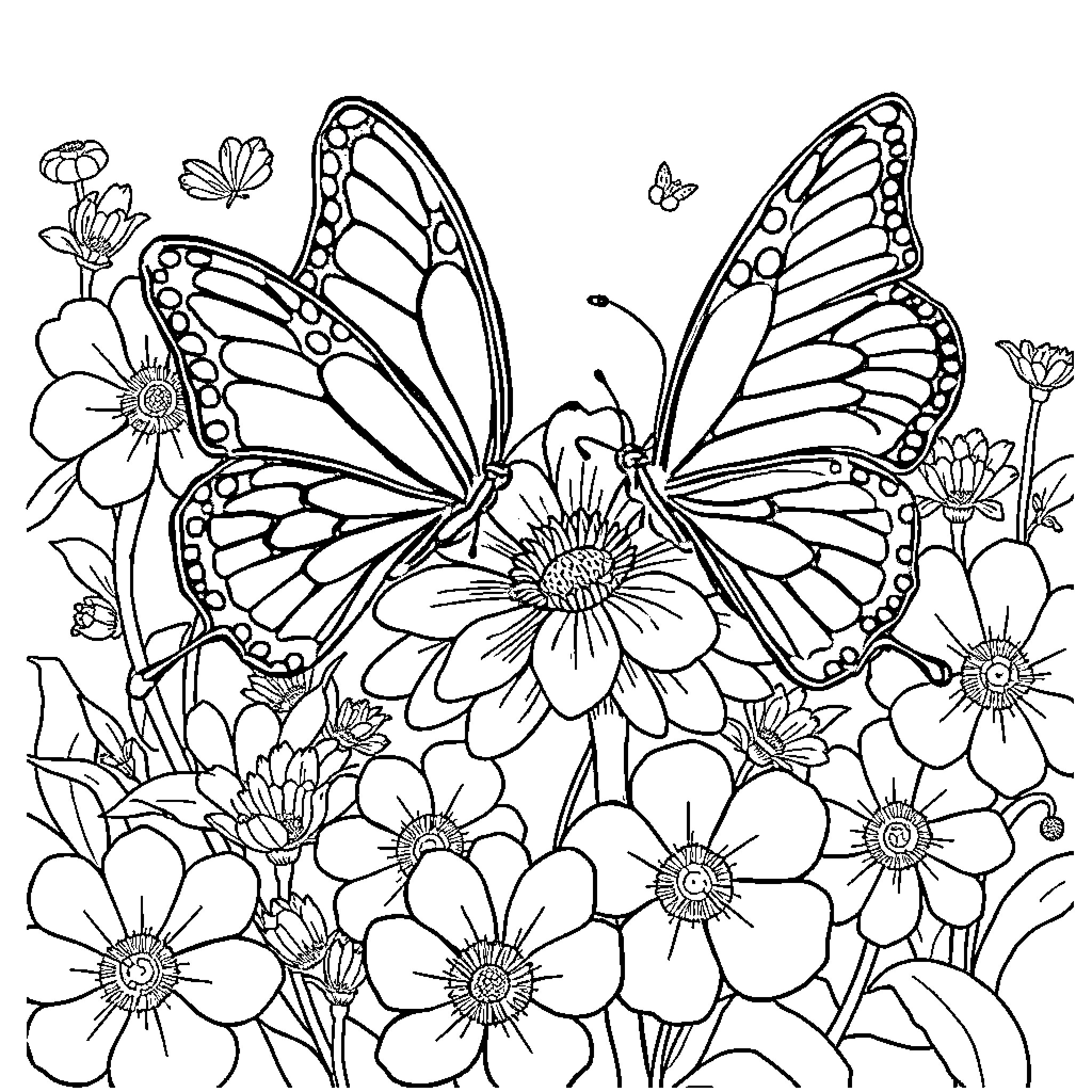 Butterfly Resting on Colorful Blooming Flowers Coloring Page (free black-and-white line drawing printable PDF for all, from beginners to advanced learners, including children, teens, adults, and seniors)