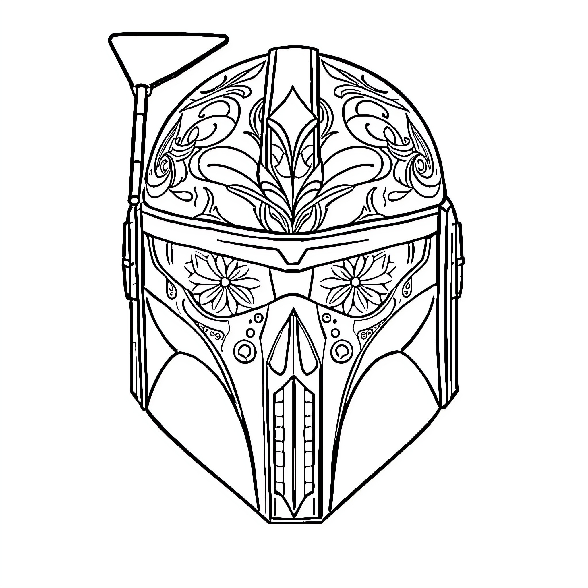 Mandalorian helmet with intricate floral design Coloring Page (free black-and-white line drawing printable PDF for all, from beginners to advanced learners, including children, teens, adults, and seniors)