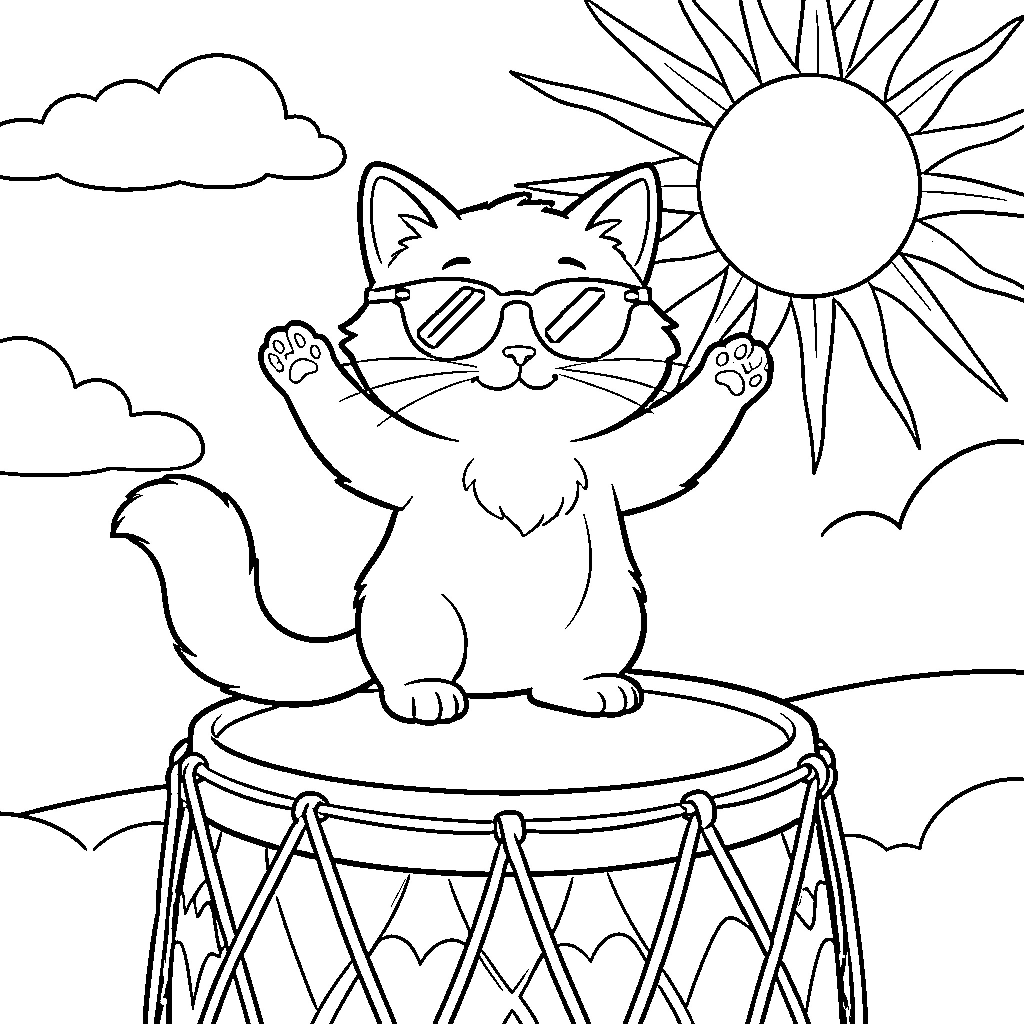 Gato playing happily on drum under the sun Coloring Page (free black-and-white line drawing printable PDF for all, from beginners to advanced learners, including children, teens, adults, and seniors)