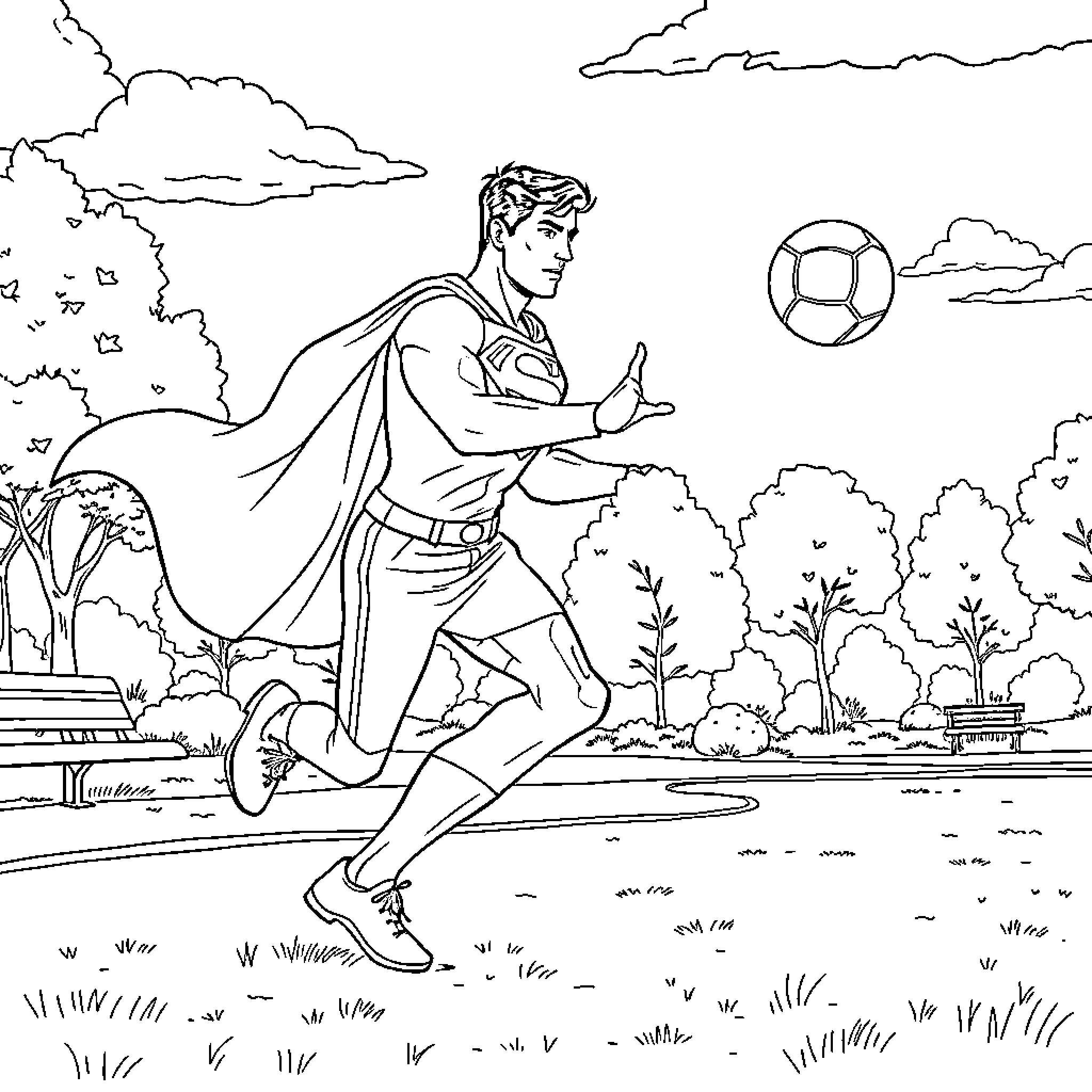 Superman chases after a flying soccer ball in a park Coloring Page (free black-and-white line drawing printable PDF for all, from beginners to advanced learners, including children, teens, adults, and seniors)