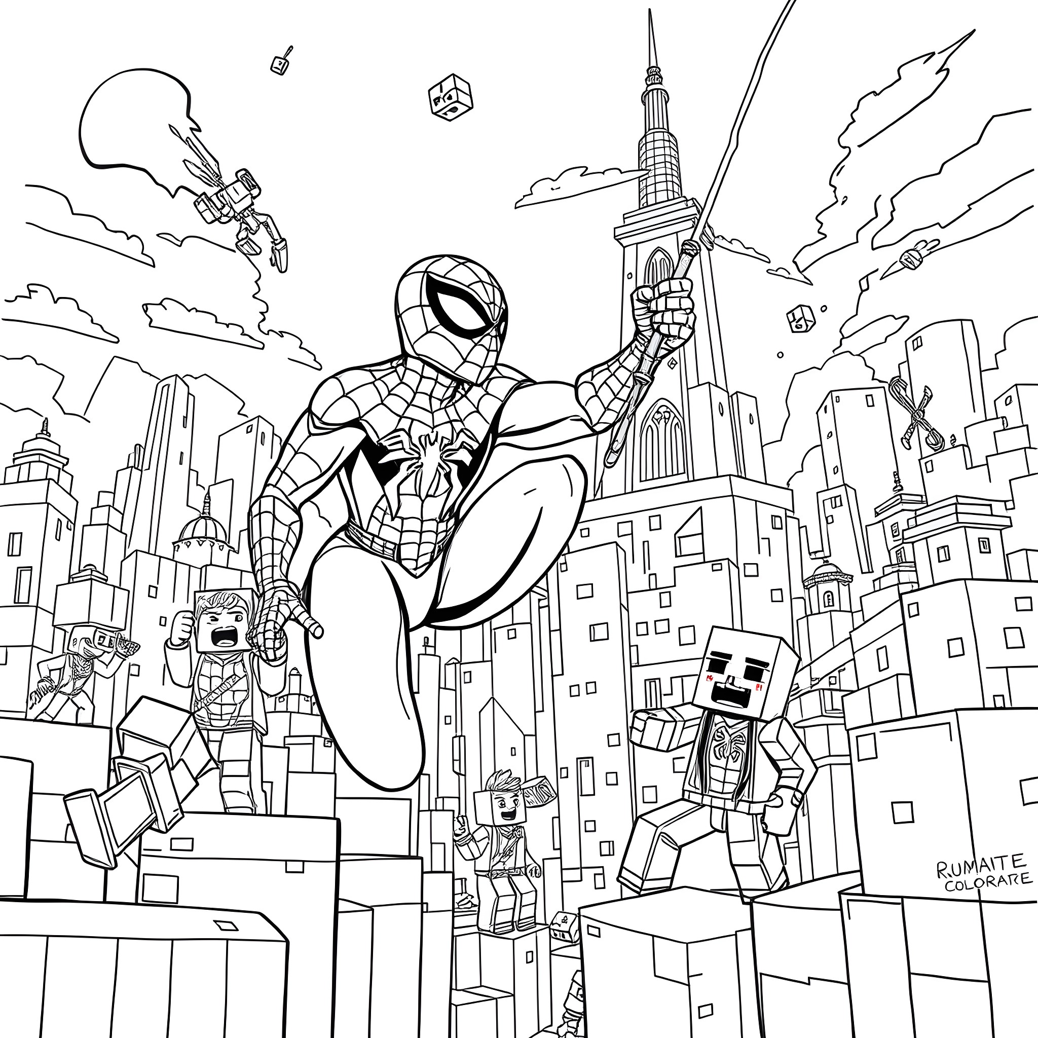 Spiderman swinging through the city skyline Coloring Page (free black-and-white line drawing printable PDF for all, from beginners to advanced learners, including children, teens, adults, and seniors)