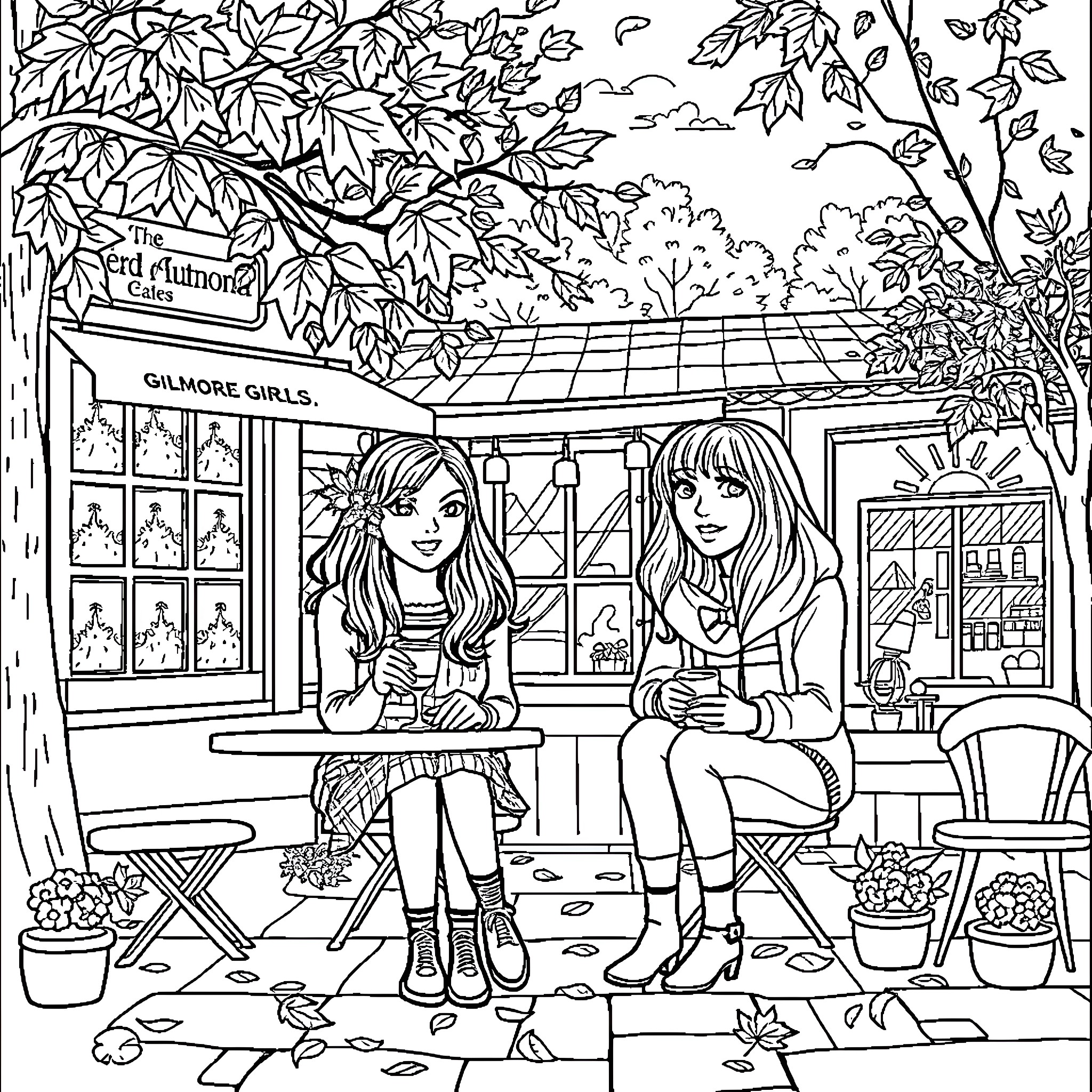 Gilmore Girls: Friends Enjoying a Cozy Outdoor Cafe Coloring Page (free black-and-white line drawing printable PDF for all, from beginners to advanced learners, including children, teens, adults, and seniors)