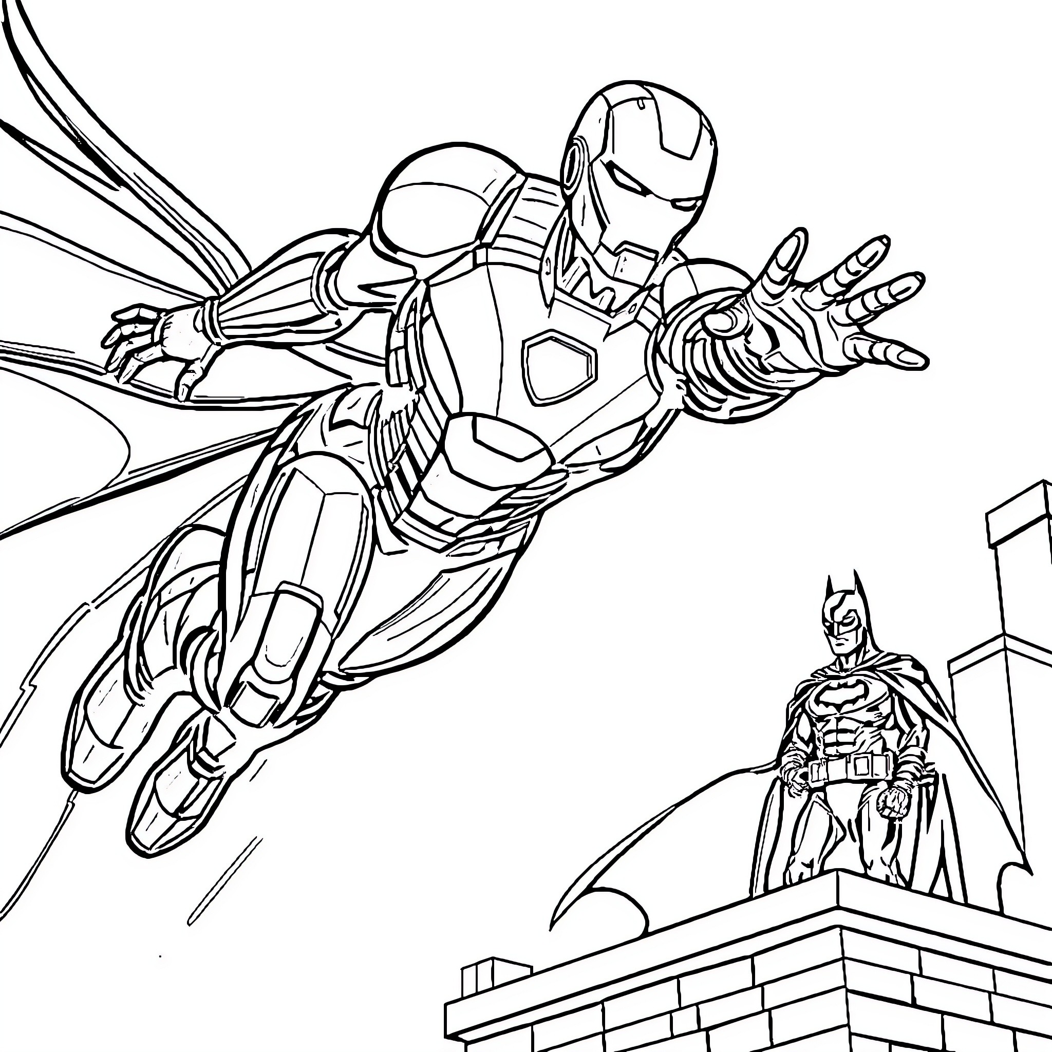 Iron Man soaring in action with Batman in the background Coloring Page (free black-and-white line drawing printable PDF for all, from beginners to advanced learners, including children, teens, adults, and seniors)