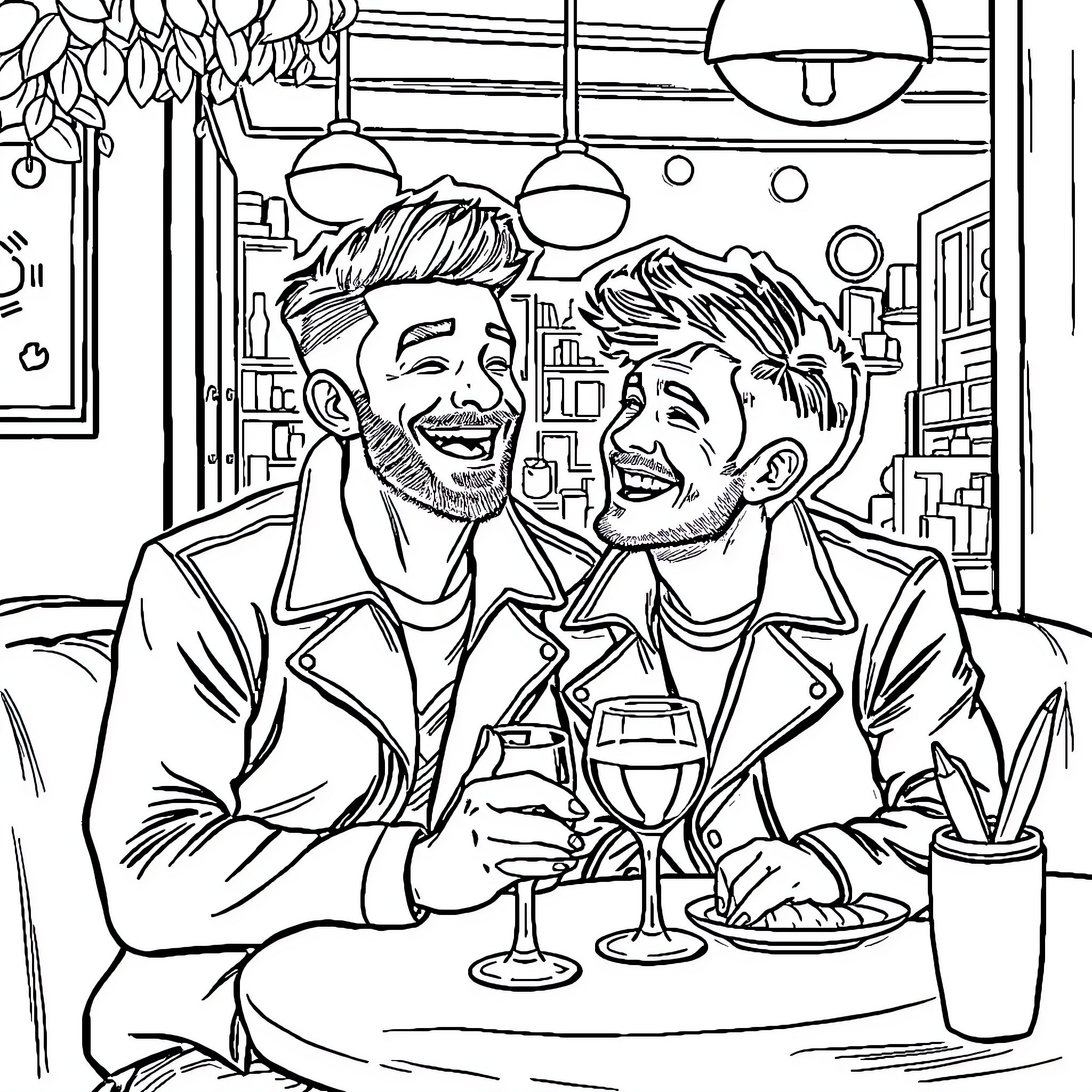Zayn and Louis sharing a joyous moment together Coloring Page (free black-and-white line drawing printable PDF for all, from beginners to advanced learners, including children, teens, adults, and seniors)