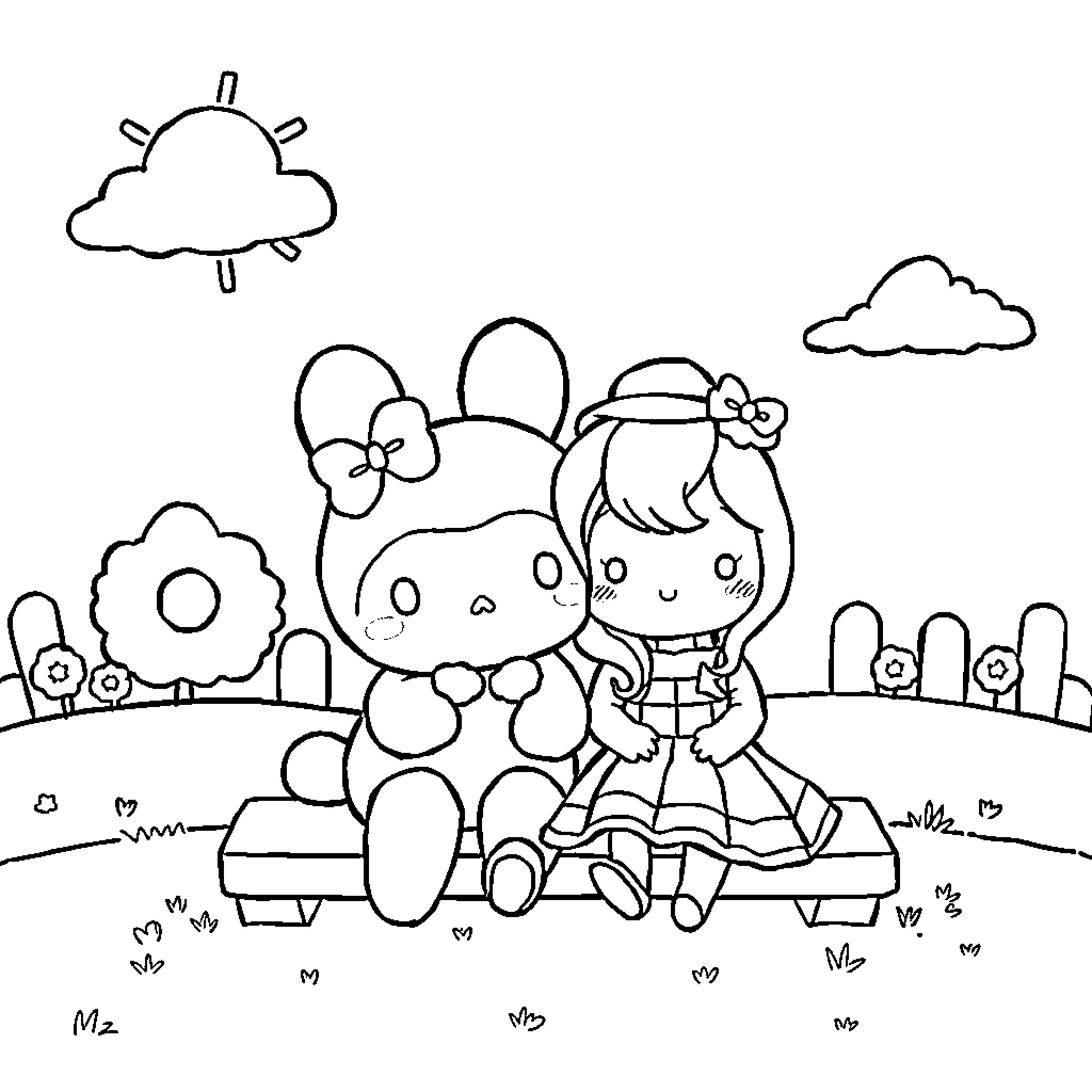 Cinnamoroll and friends enjoying a picnic outdoors Coloring Page (free black-and-white line drawing printable PDF for all, from beginners to advanced learners, including children, teens, adults, and seniors)