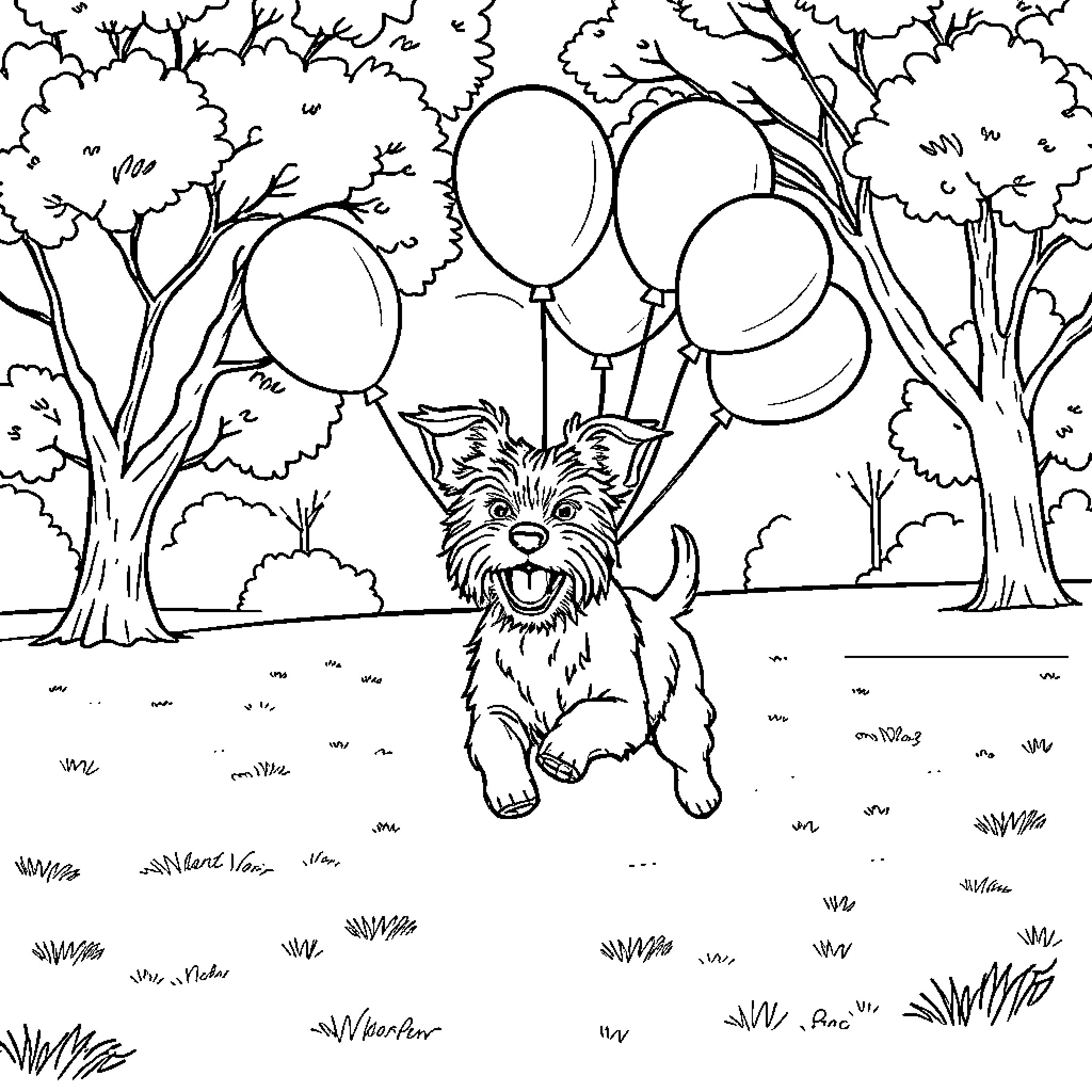 Terrier frolicking with balloons in the park Coloring Page (free black-and-white line drawing printable PDF for all, from beginners to advanced learners, including children, teens, adults, and seniors)
