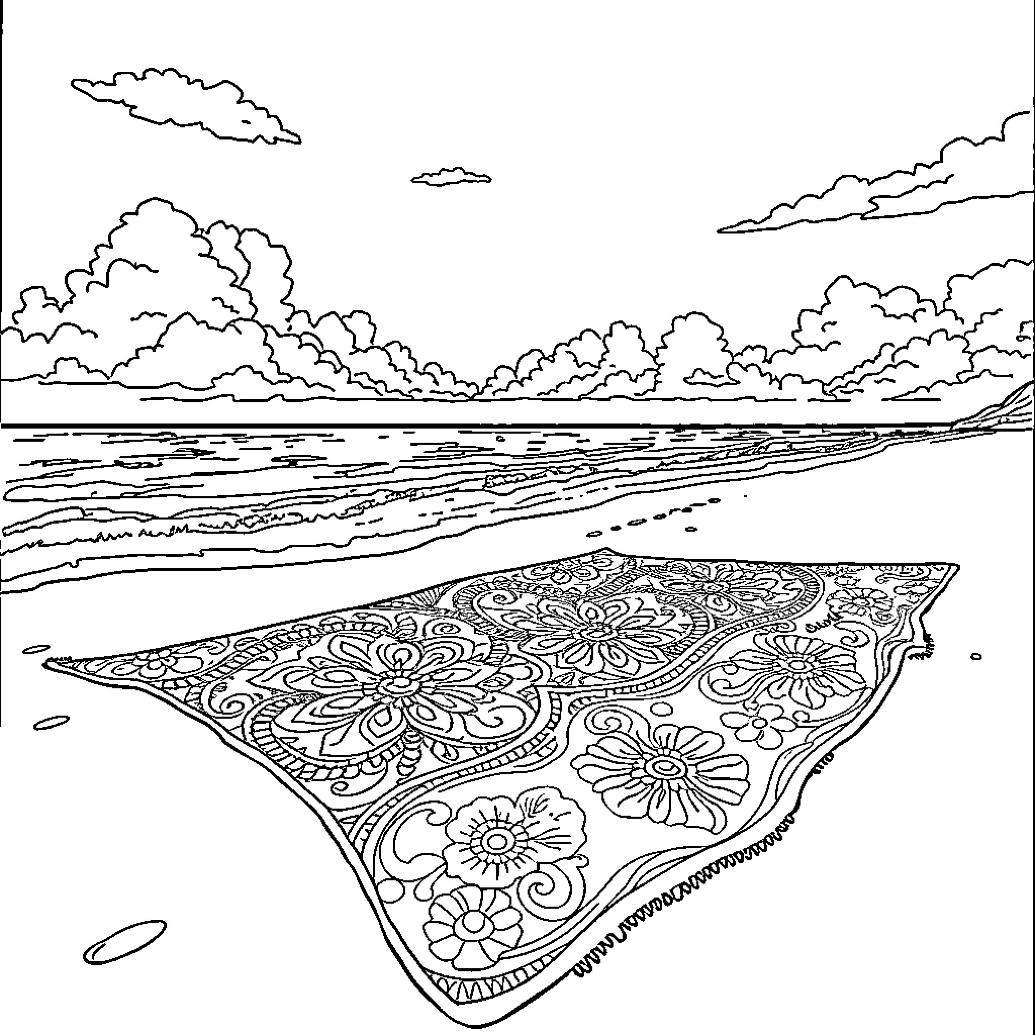 Batik artwork depicting coastal landscape Coloring Page (free black-and-white line drawing printable PDF for all, from beginners to advanced learners, including children, teens, adults, and seniors)