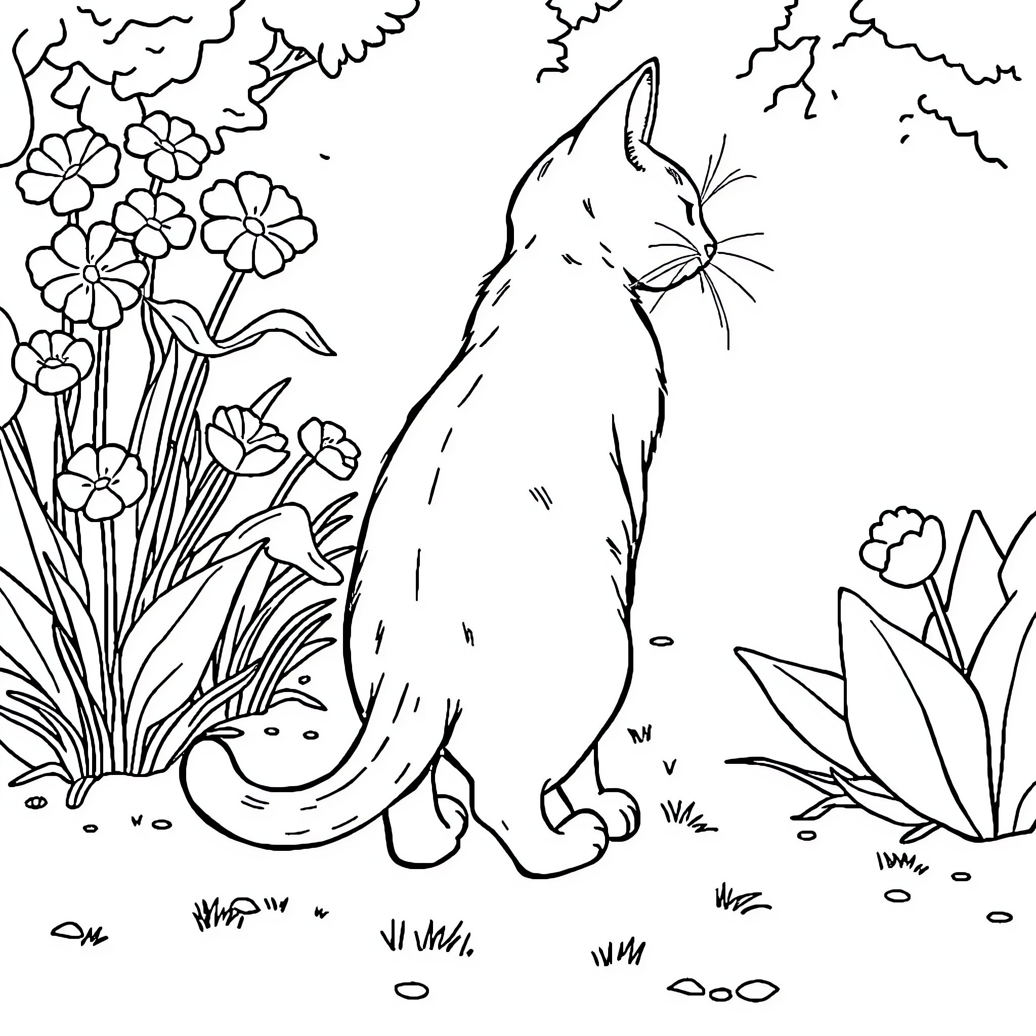 Cat surrounded by flowers in nature Coloring Page (free black-and-white line drawing printable PDF for all, from beginners to advanced learners, including children, teens, adults, and seniors)