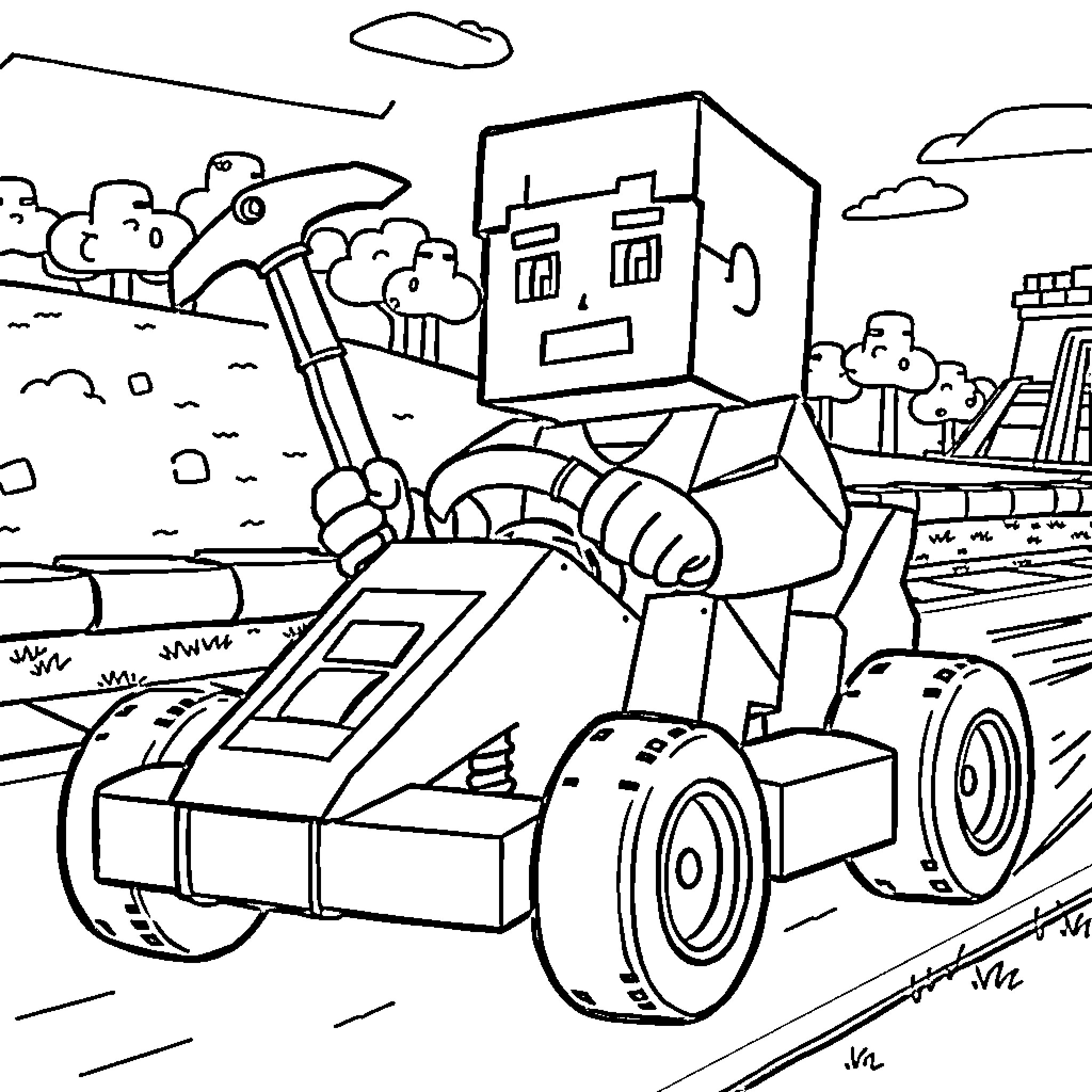 Steve's Mighty Construction Machine Moves Through the City Coloring Page (free black-and-white line drawing printable PDF for all, from beginners to advanced learners, including children, teens, adults, and seniors)