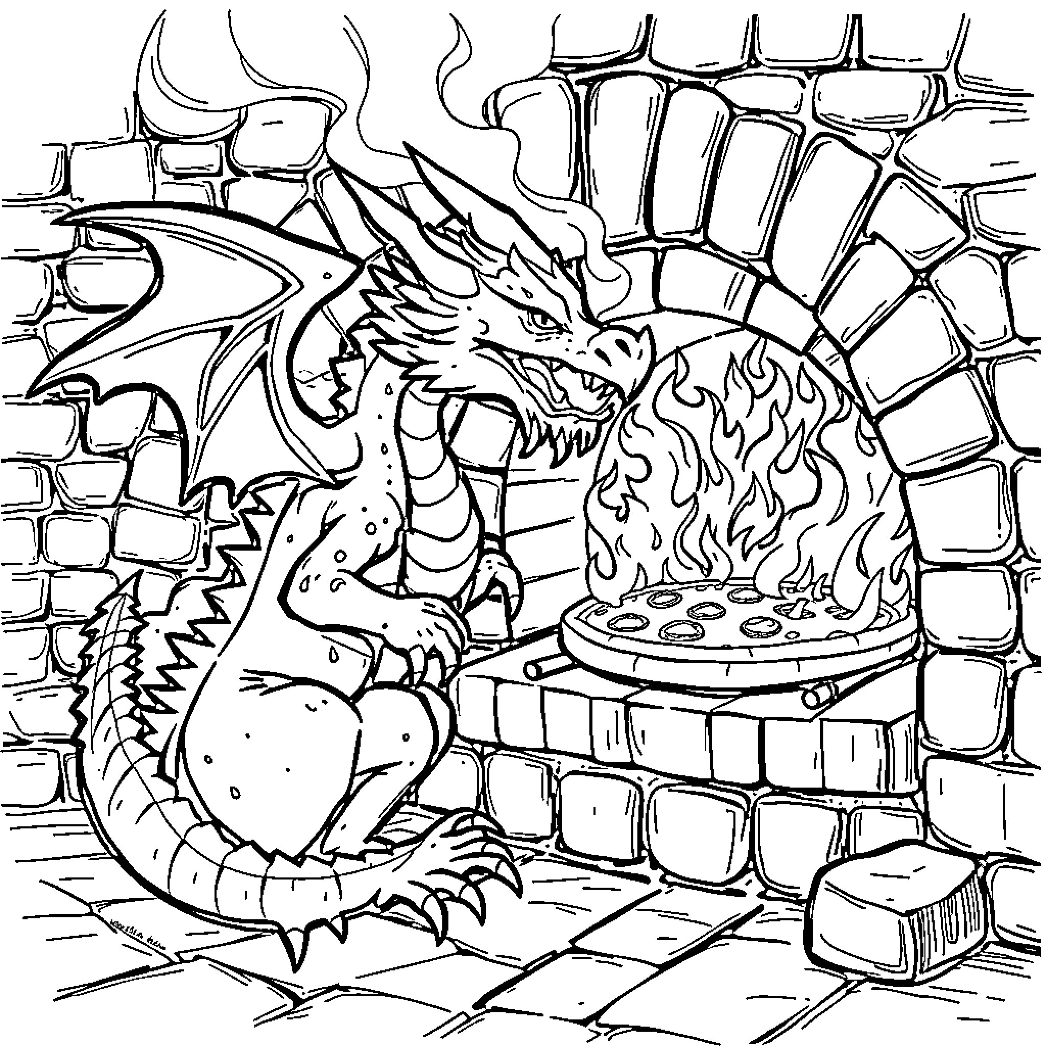 Dragon Cooking Fiery Meal in Stone Oven Coloring Page (free black-and-white line drawing printable PDF for all, from beginners to advanced learners, including children, teens, adults, and seniors)