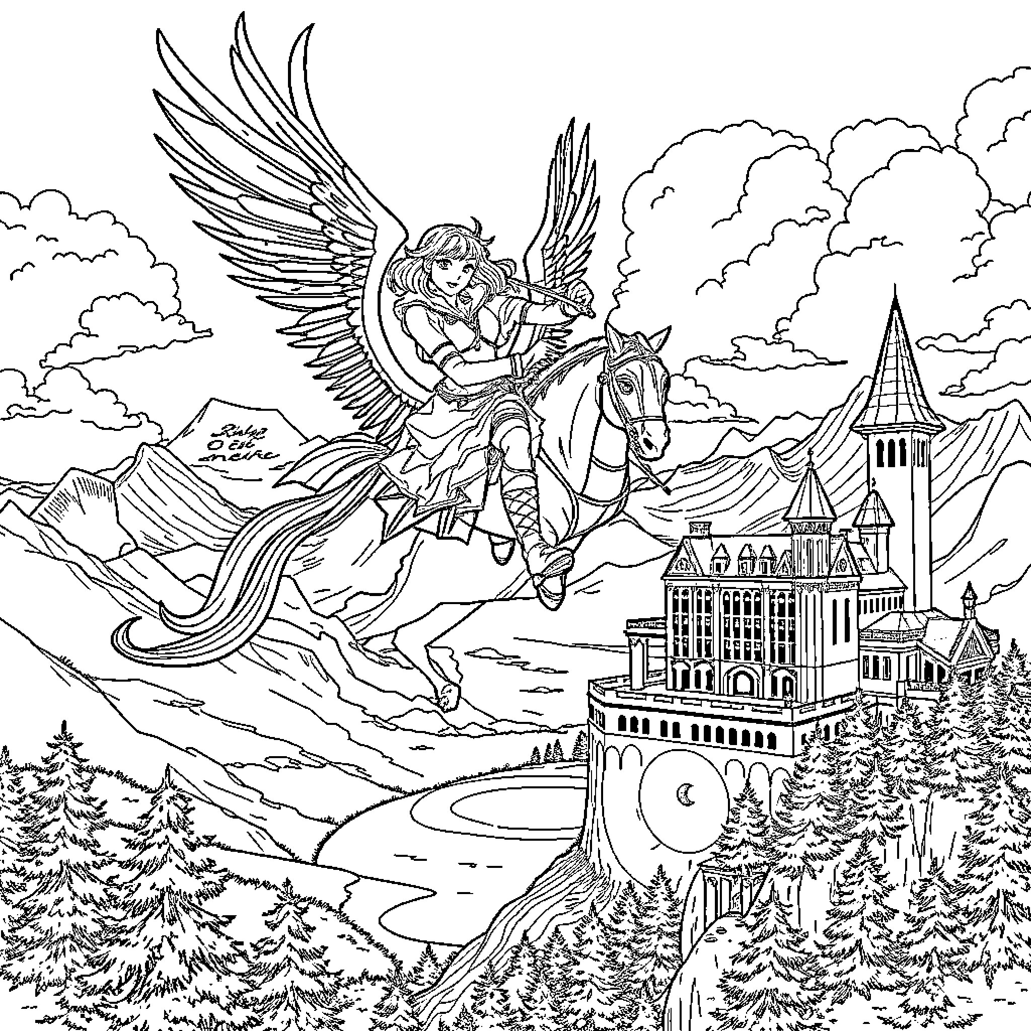 Ruby's Winged Adventure Through the Enchanted Realm Coloring Page (free black-and-white line drawing printable PDF for all, from beginners to advanced learners, including children, teens, adults, and seniors)