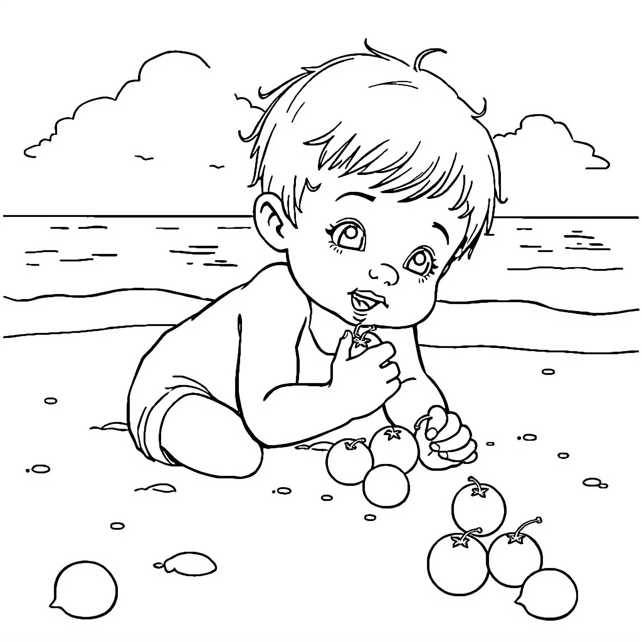 Mini Toddler Discovering Bubbles on the Beach Coloring Page (free black-and-white line drawing printable PDF for all, from beginners to advanced learners, including children, teens, adults, and seniors)