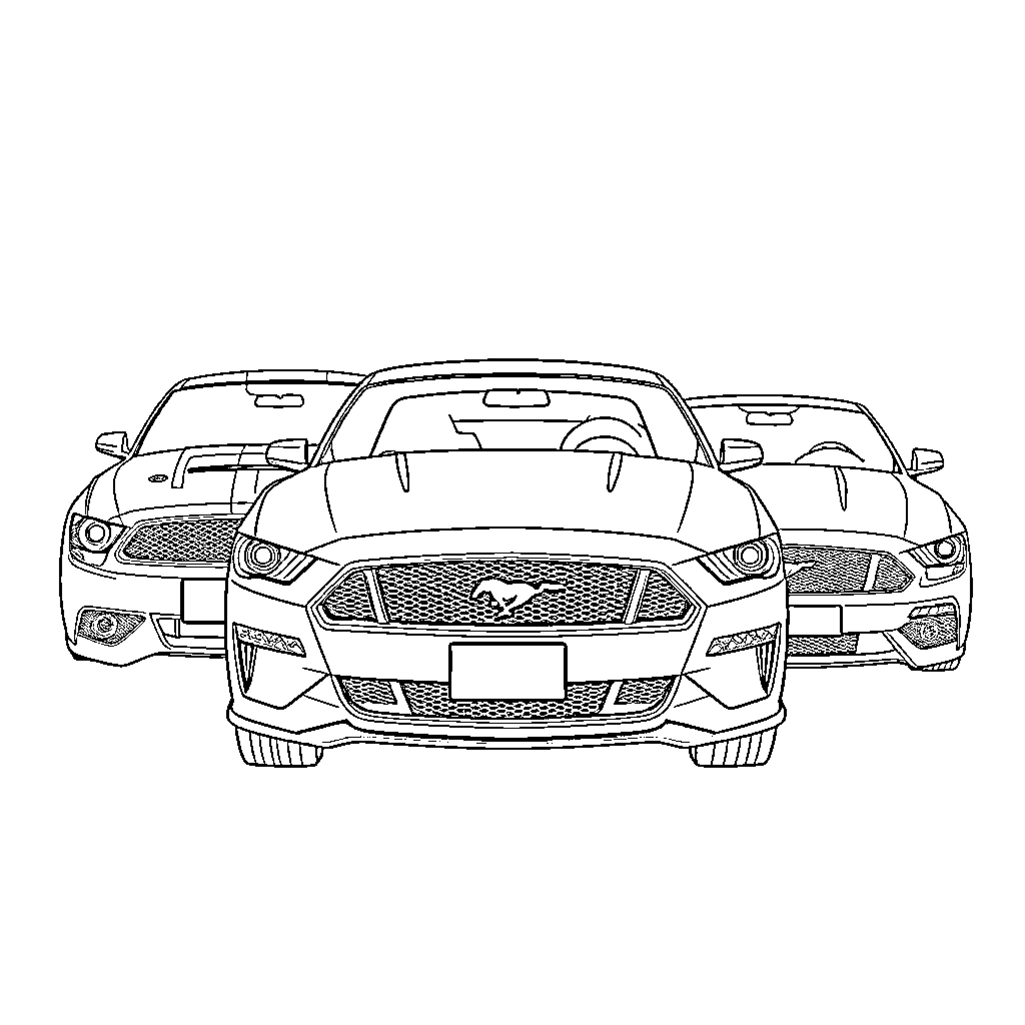 Ford Mustang lineup showcased in black and white Coloring Page (free black-and-white line drawing printable PDF for all, from beginners to advanced learners, including children, teens, adults, and seniors)