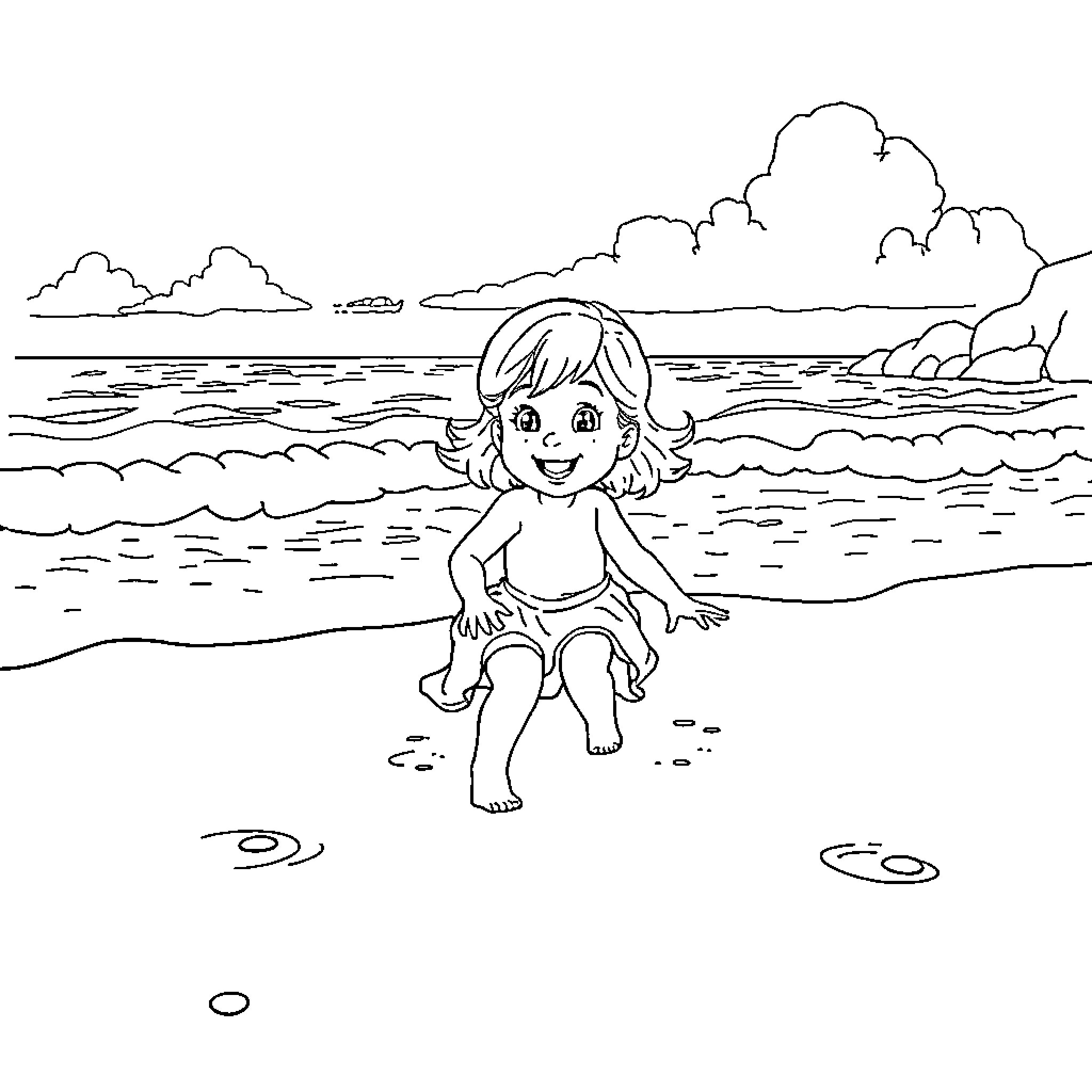 Louisa playing joyfully in the serene beach Coloring Page (free black-and-white line drawing printable PDF for all, from beginners to advanced learners, including children, teens, adults, and seniors)