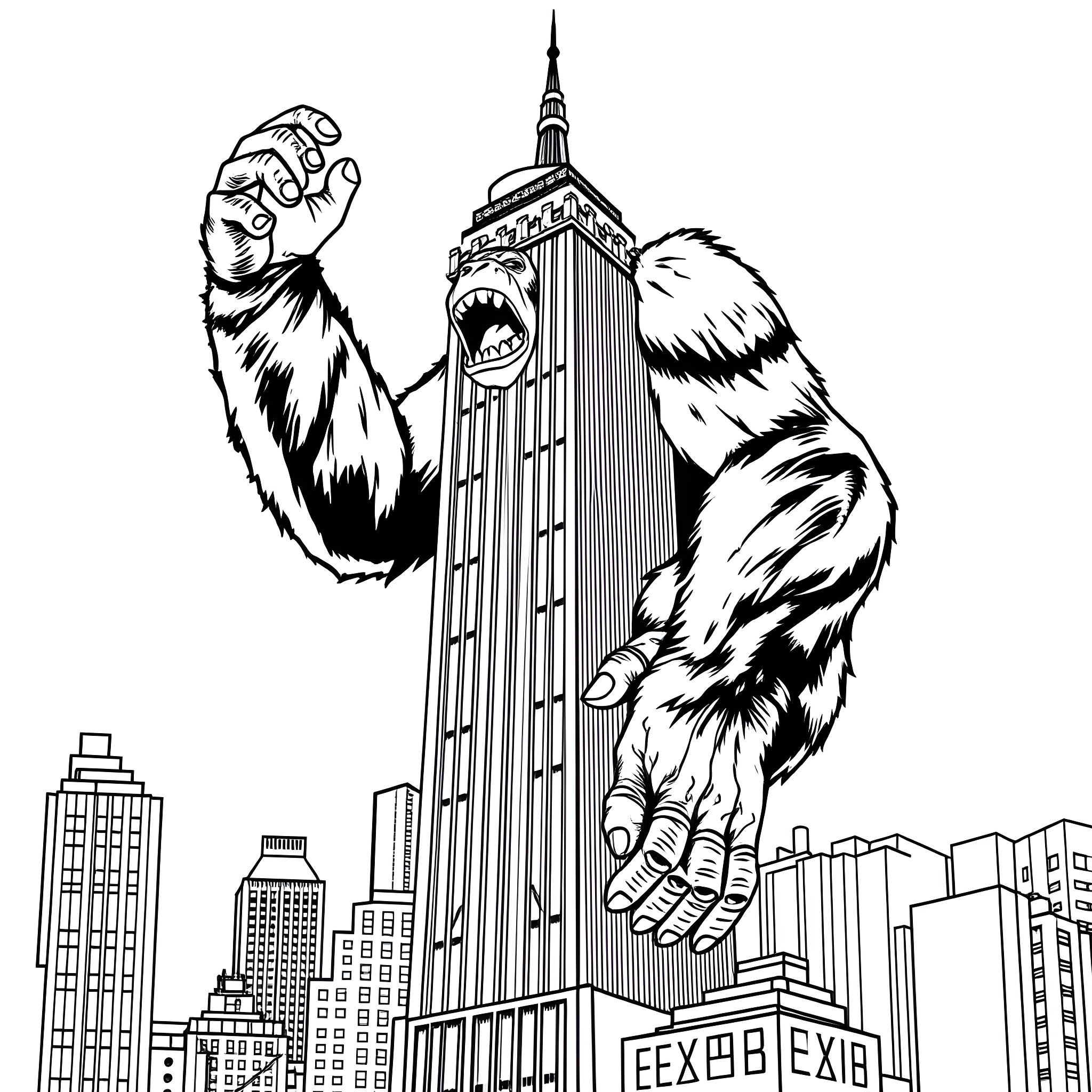 King Kong Terrorizing the City Skyline Coloring Page (free black-and-white line drawing printable PDF for all, from beginners to advanced learners, including children, teens, adults, and seniors)