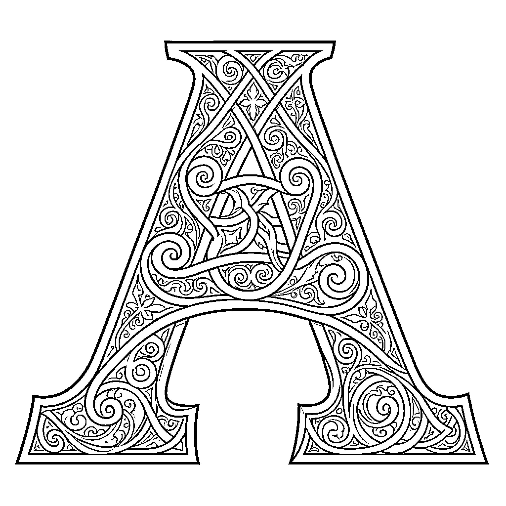 Celtic Letter A with Intricate Swirling Patterns Coloring Page (free black-and-white line drawing printable PDF for all, from beginners to advanced learners, including children, teens, adults, and seniors)