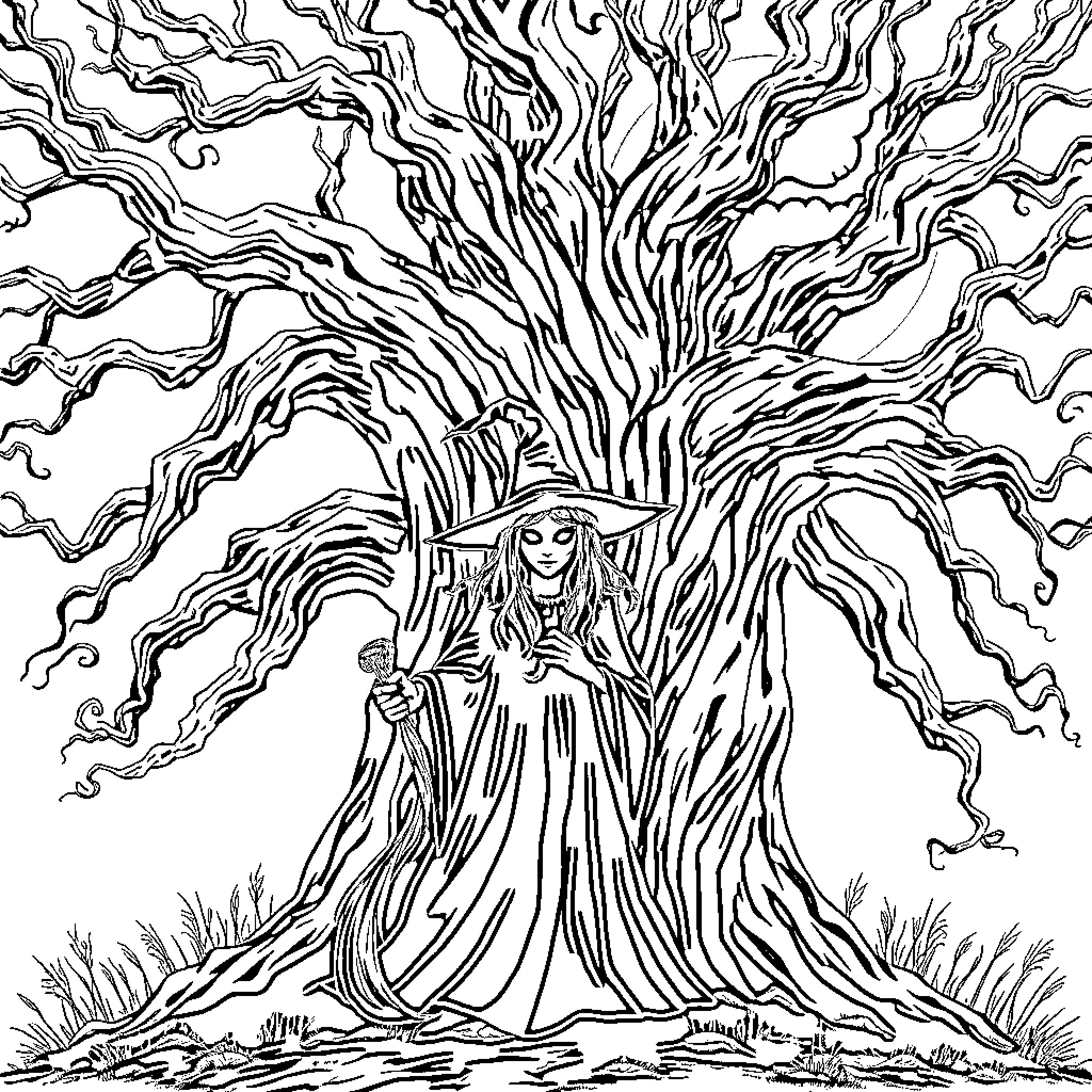 Witch's mystical presence amidst the haunting tree Coloring Page (free black-and-white line drawing printable PDF for all, from beginners to advanced learners, including children, teens, adults, and seniors)
