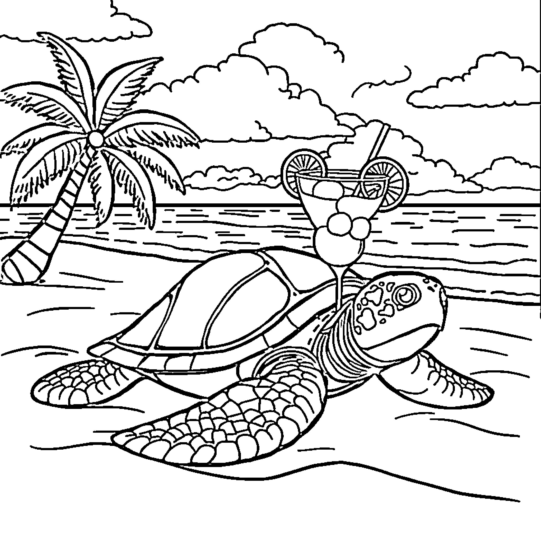 Sea Turtle enjoying a tropical beach scene Coloring Page (free black-and-white line drawing printable PDF for all, from beginners to advanced learners, including children, teens, adults, and seniors)