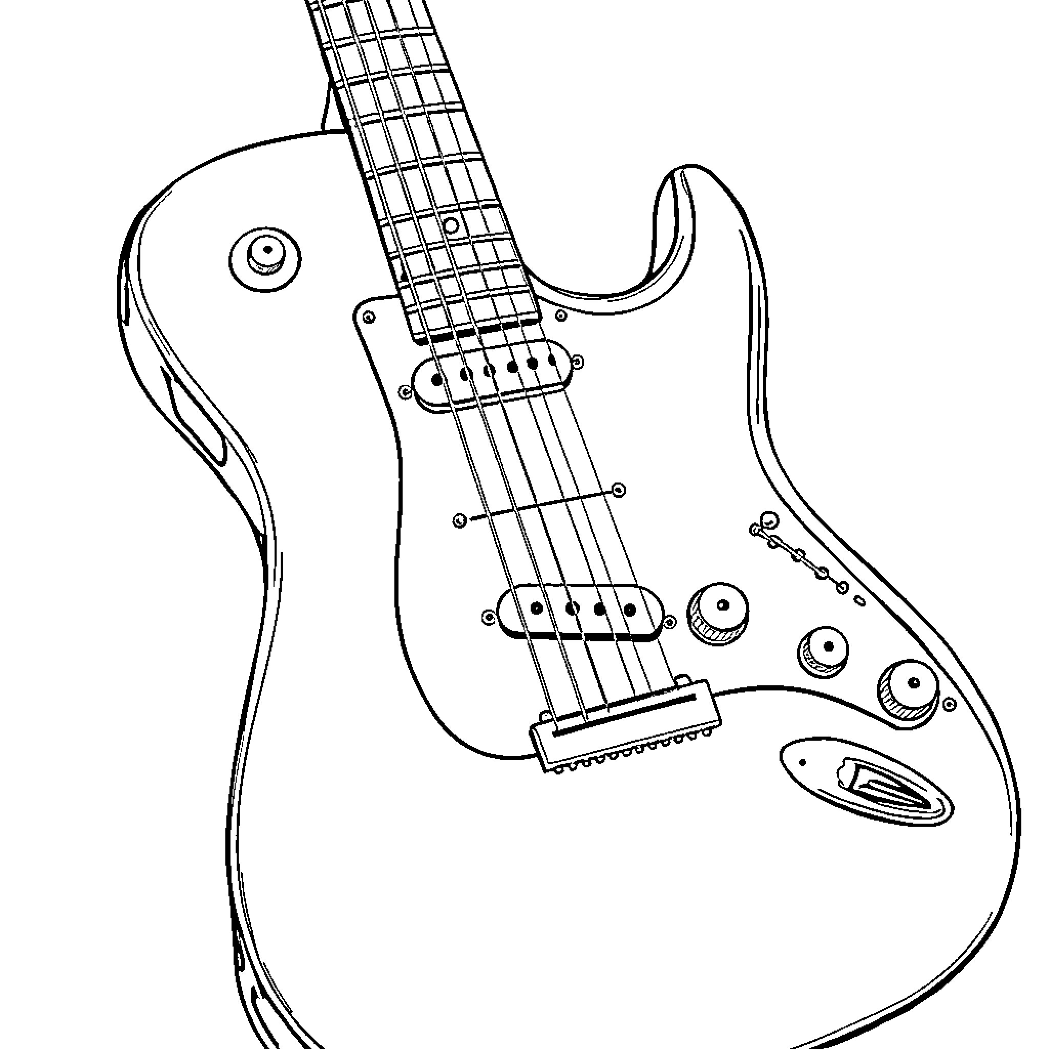 Electric Guitar in Detailed Illustration Coloring Page (free black-and-white line drawing printable PDF for all, from beginners to advanced learners, including children, teens, adults, and seniors)