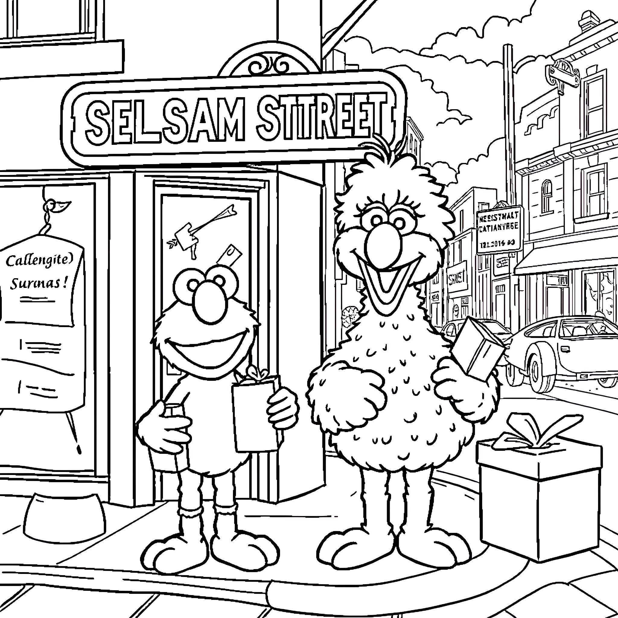 Sesame Street characters in front of Selsam Street sign Coloring Page (free black-and-white line drawing printable PDF for all, from beginners to advanced learners, including children, teens, adults, and seniors)