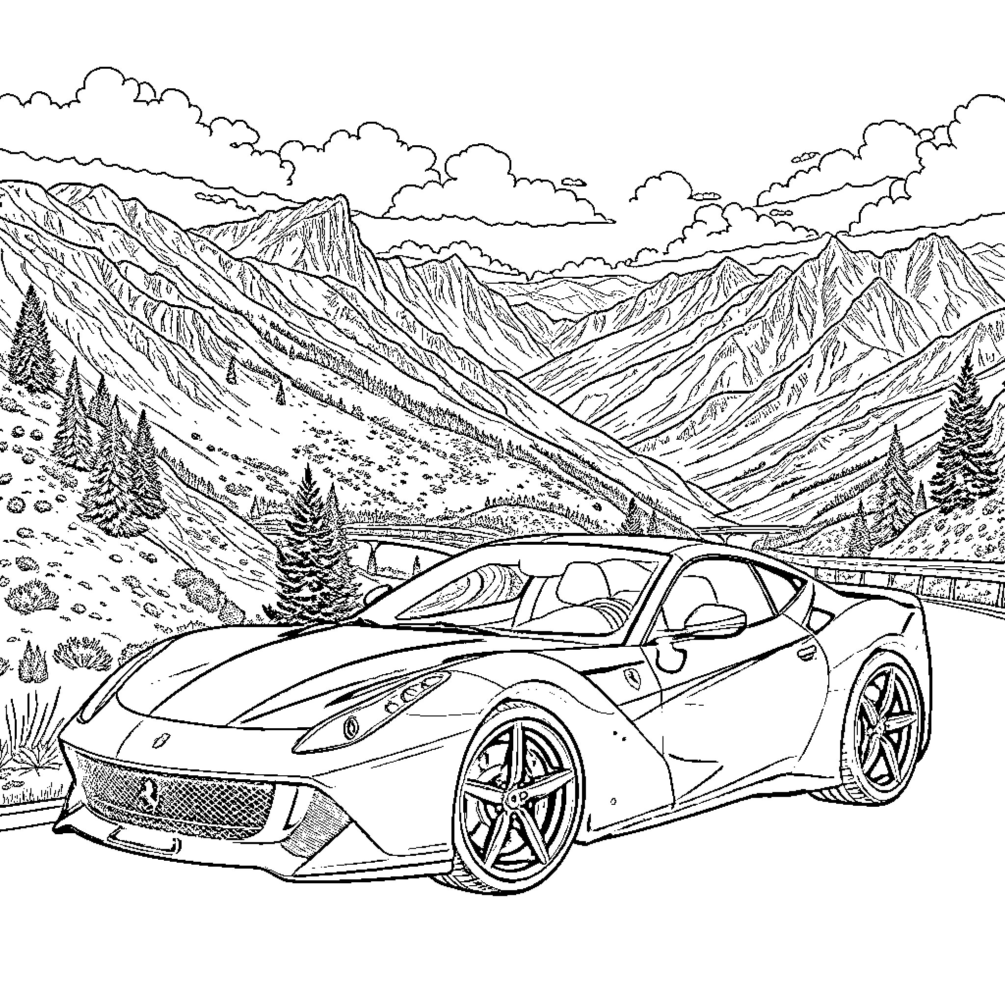 Ferrari sports car racing through scenic mountain landscape Coloring Page (free black-and-white line drawing printable PDF for all, from beginners to advanced learners, including children, teens, adults, and seniors)