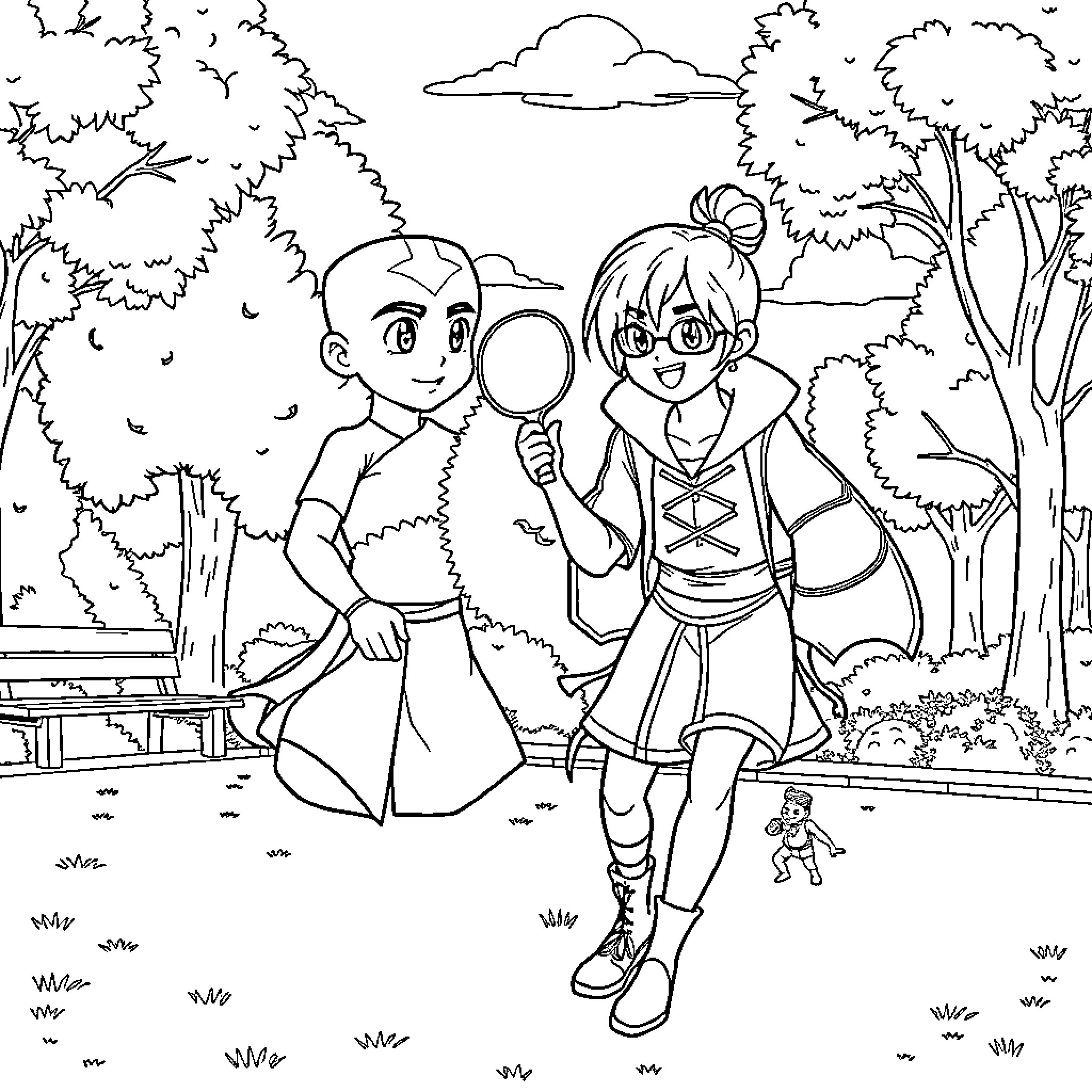 Zuko and Katara explore the forest together Coloring Page (free black-and-white line drawing printable PDF for all, from beginners to advanced learners, including children, teens, adults, and seniors)