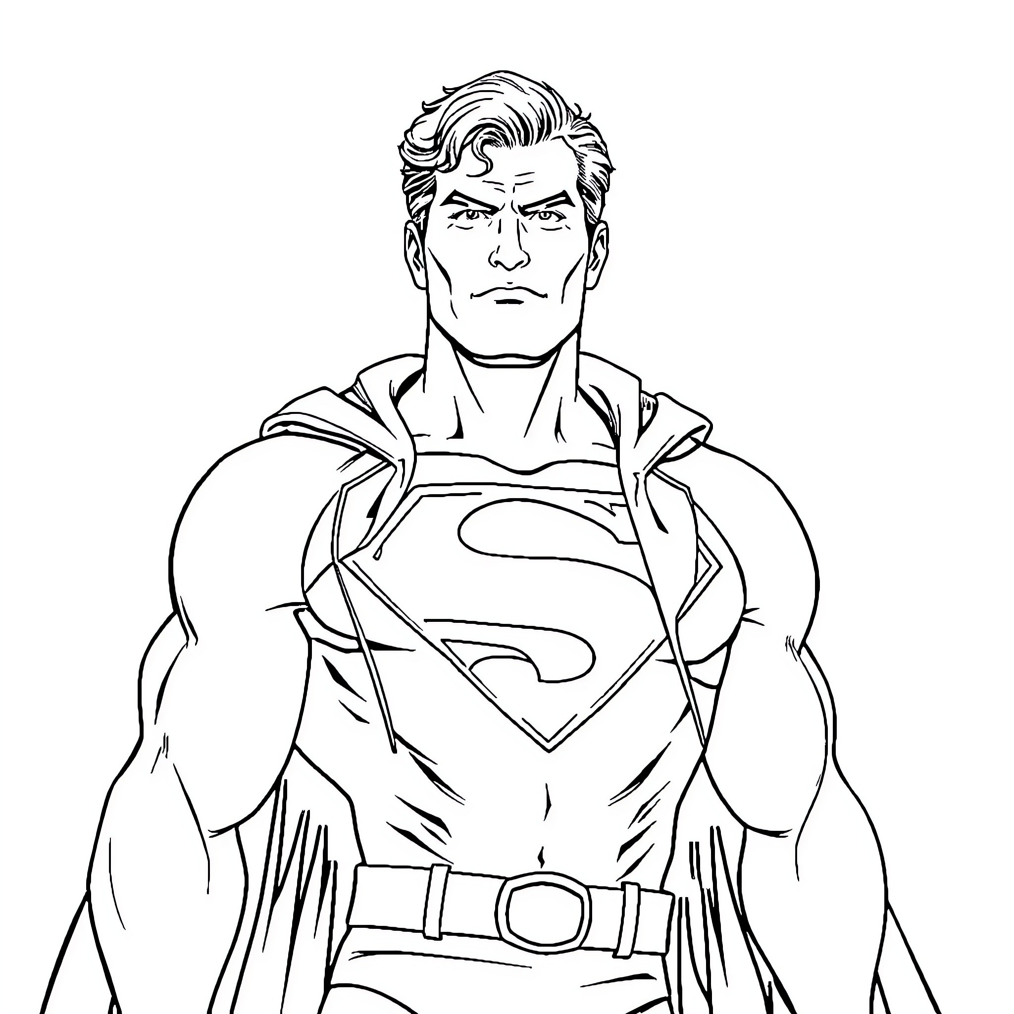 Superman in heroic stance with iconic symbol Coloring Page (free black-and-white line drawing printable PDF for all, from beginners to advanced learners, including children, teens, adults, and seniors)