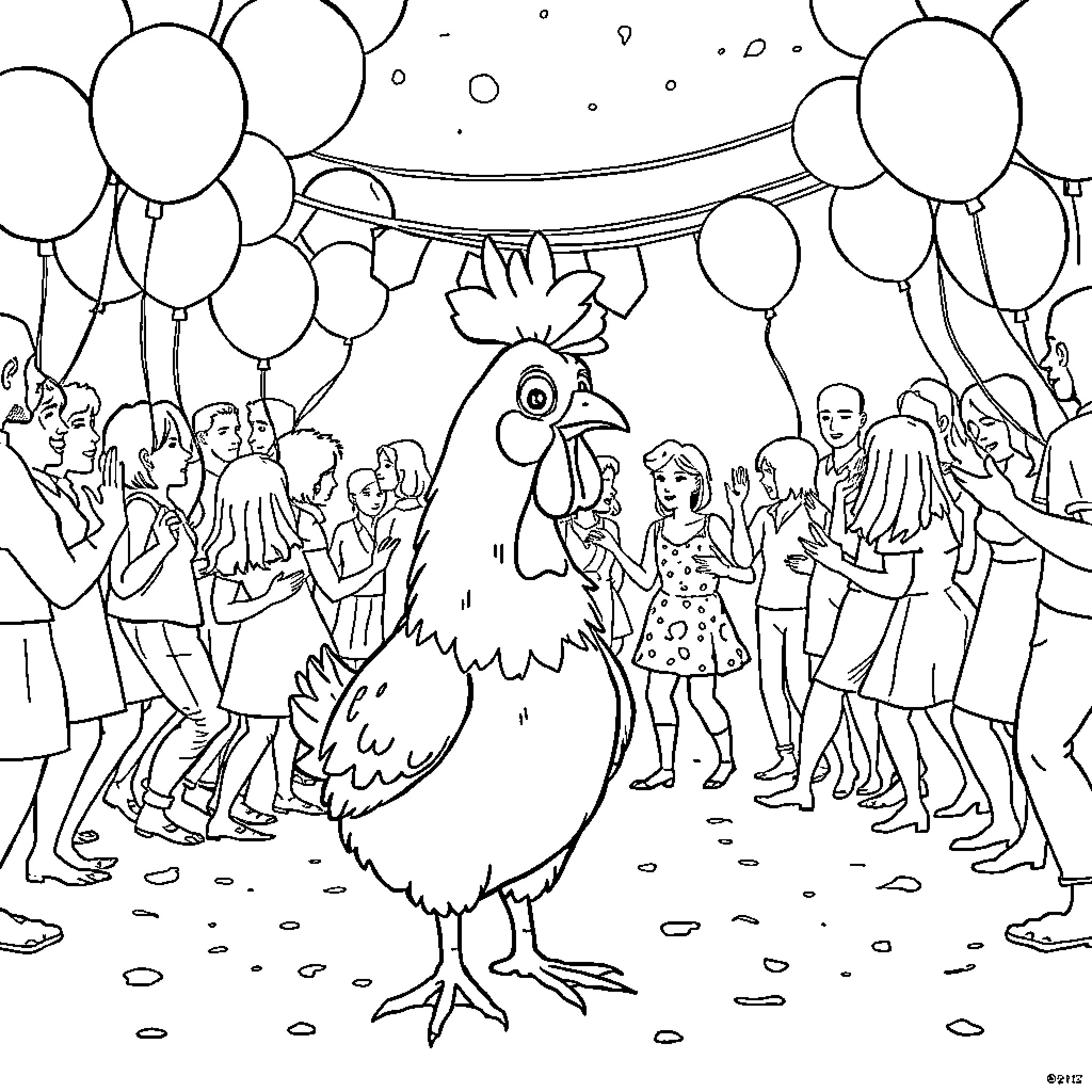Chicken entertaining a crowd of people with balloons Coloring Page (free black-and-white line drawing printable PDF for all, from beginners to advanced learners, including children, teens, adults, and seniors)