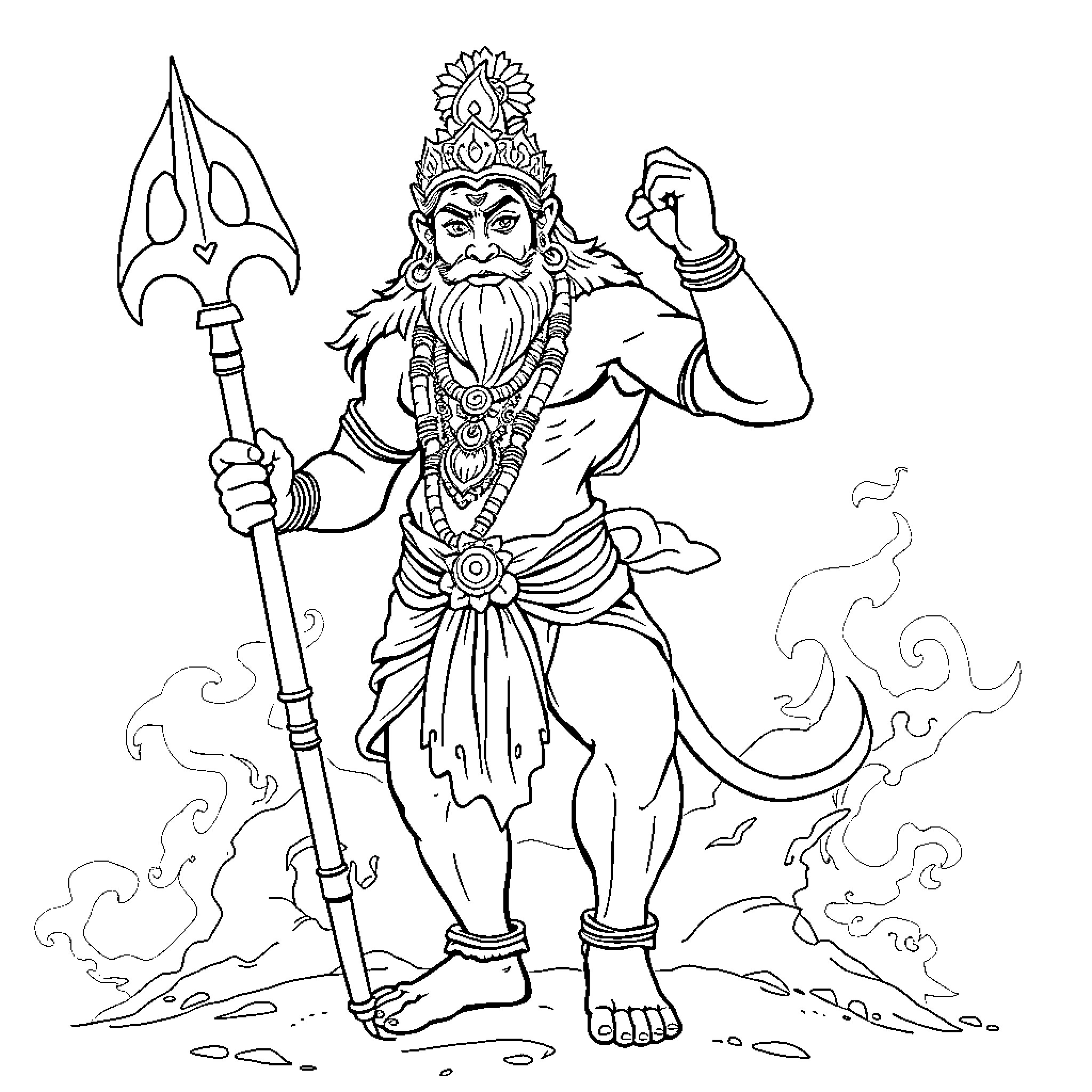 Hanuman, the Mighty Monkey God, in Action Coloring Page (free black-and-white line drawing printable PDF for all, from beginners to advanced learners, including children, teens, adults, and seniors)