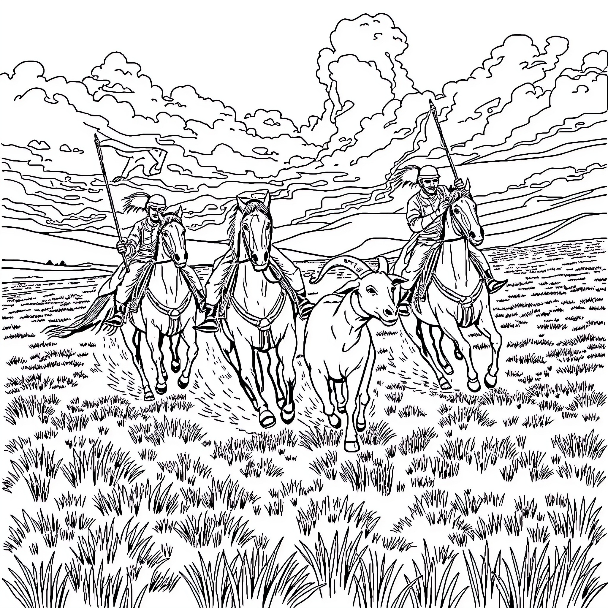 Bushkashi: Horsemen competing in traditional Central Asian game Coloring Page (free black-and-white line drawing printable PDF for all, from beginners to advanced learners, including children, teens, adults, and seniors)