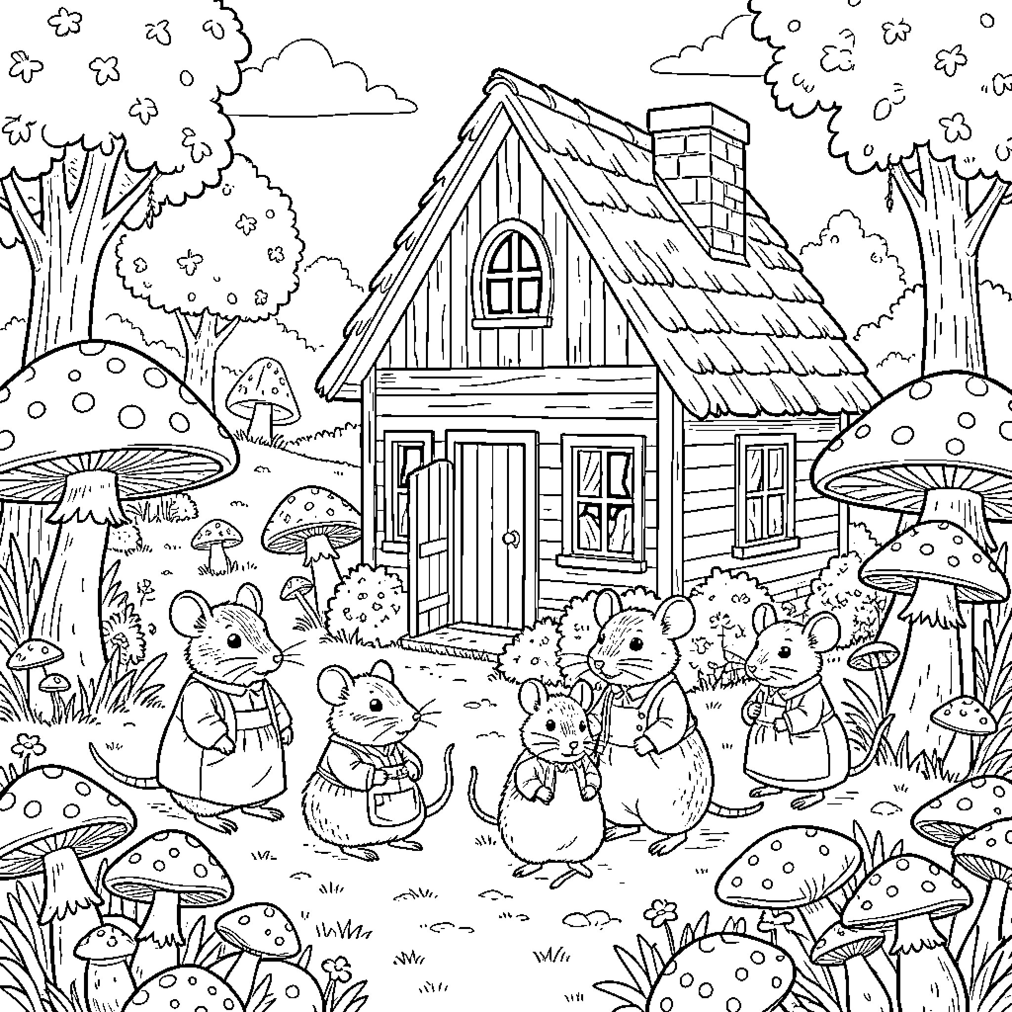 Mouse friends gathering outside a cozy little cottage Coloring Page (free black-and-white line drawing printable PDF for all, from beginners to advanced learners, including children, teens, adults, and seniors)