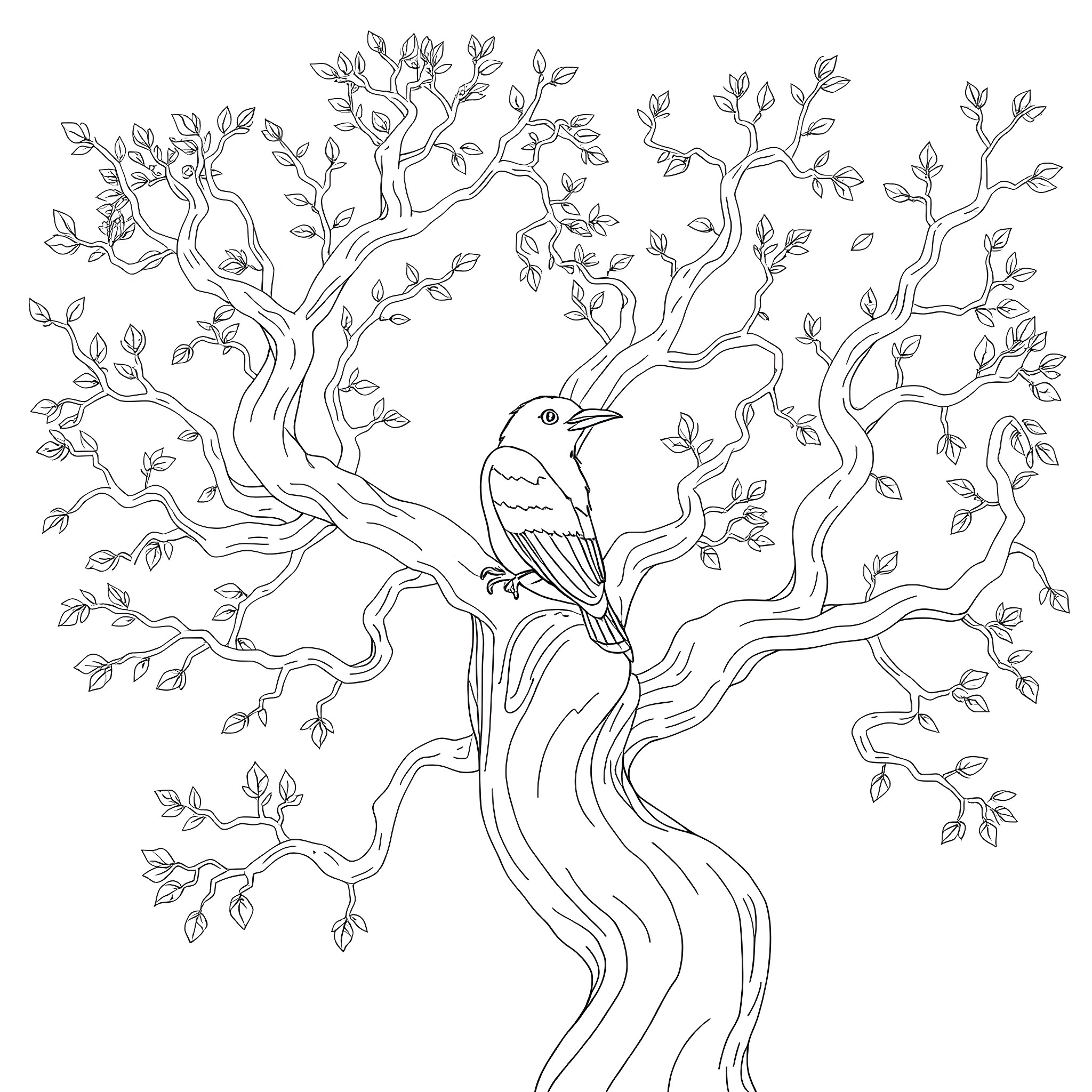 Passerina bird amidst whimsical tree branches Coloring Page (free black-and-white line drawing printable PDF for all, from beginners to advanced learners, including children, teens, adults, and seniors)