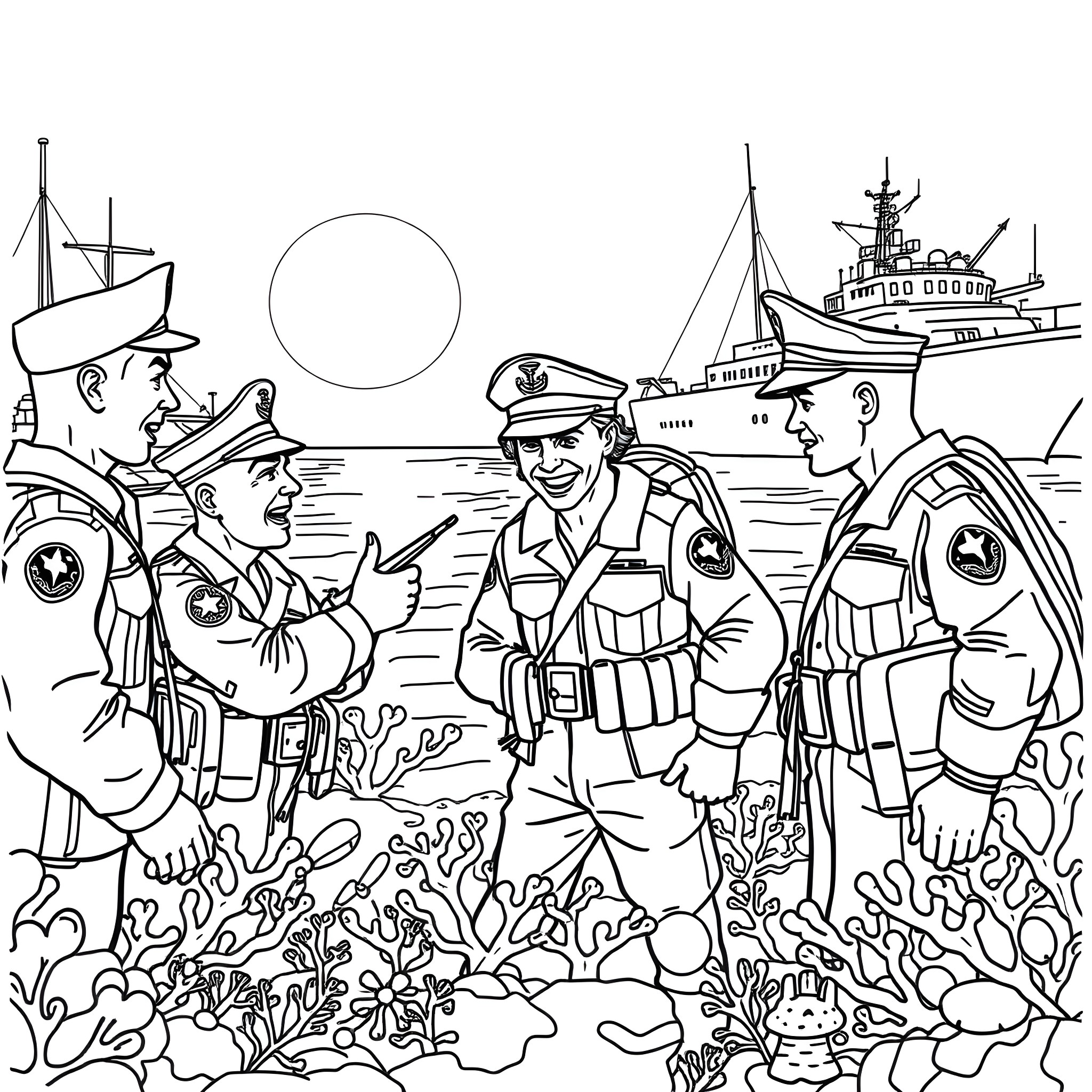 Marine Sailors Discussing Duties on Ship Coloring Page (free black-and-white line drawing printable PDF for all, from beginners to advanced learners, including children, teens, adults, and seniors)