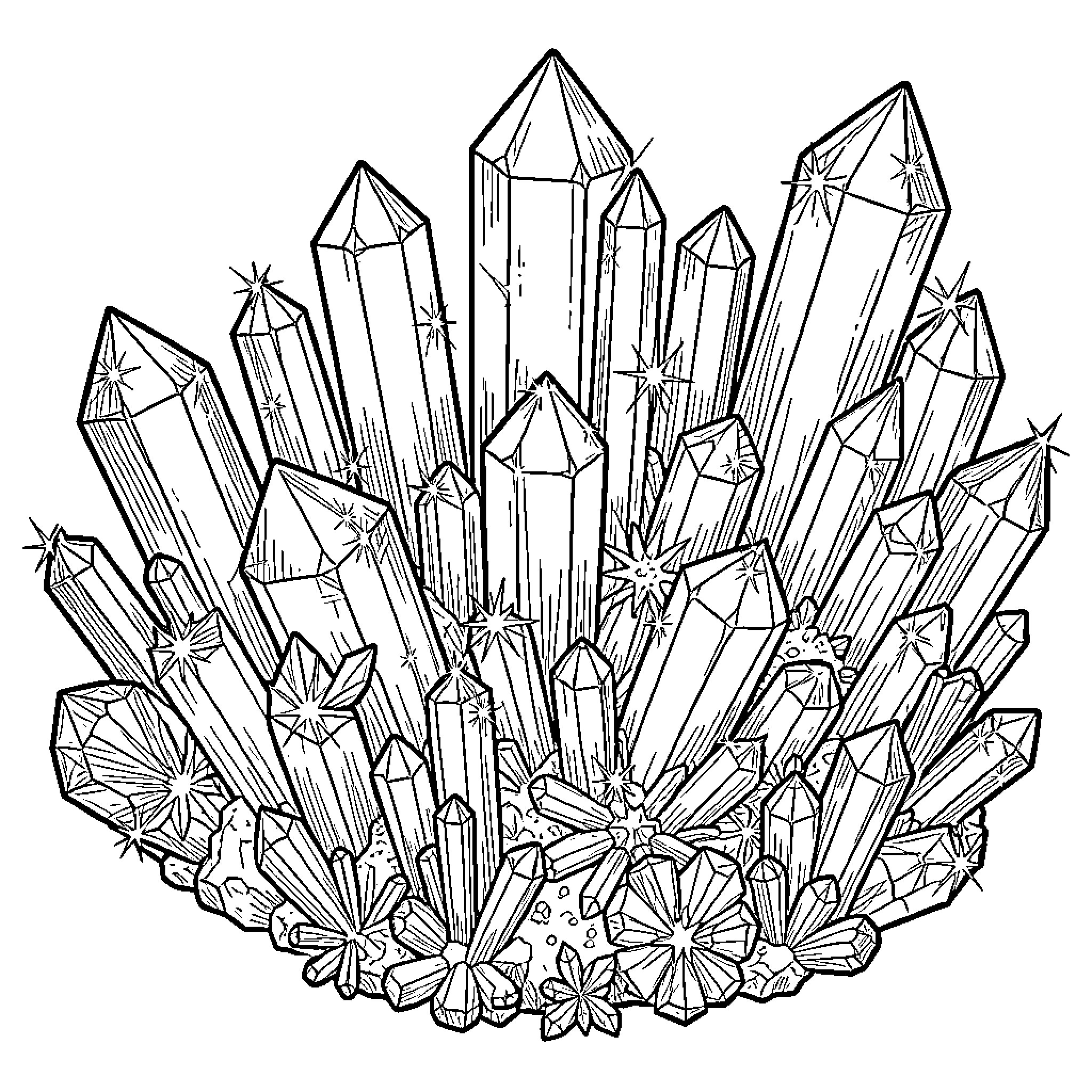 Crystal Formations in Geometric Arrangement Coloring Page (free black-and-white line drawing printable PDF for all, from beginners to advanced learners, including children, teens, adults, and seniors)