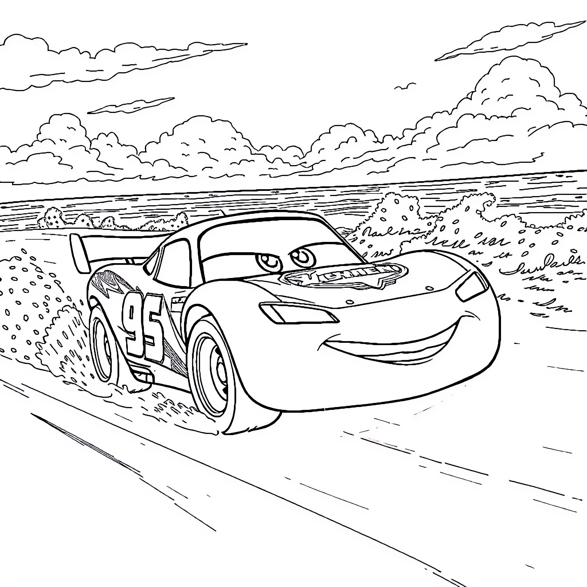 Lightning McQueen racing on the open road Coloring Page (free black-and-white line drawing printable PDF for all, from beginners to advanced learners, including children, teens, adults, and seniors)