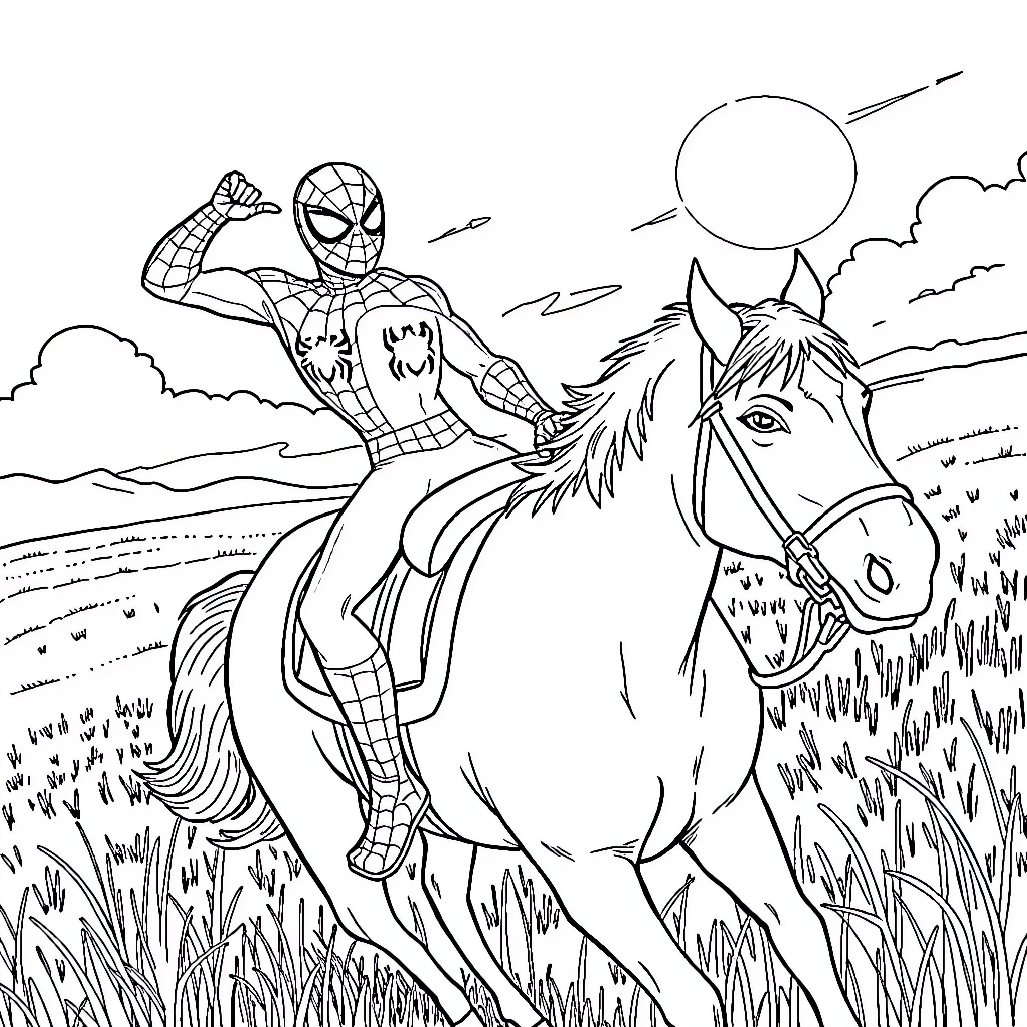 Spider-Man Riding a Horse in the Countryside Coloring Page (free black-and-white line drawing printable PDF for all, from beginners to advanced learners, including children, teens, adults, and seniors)