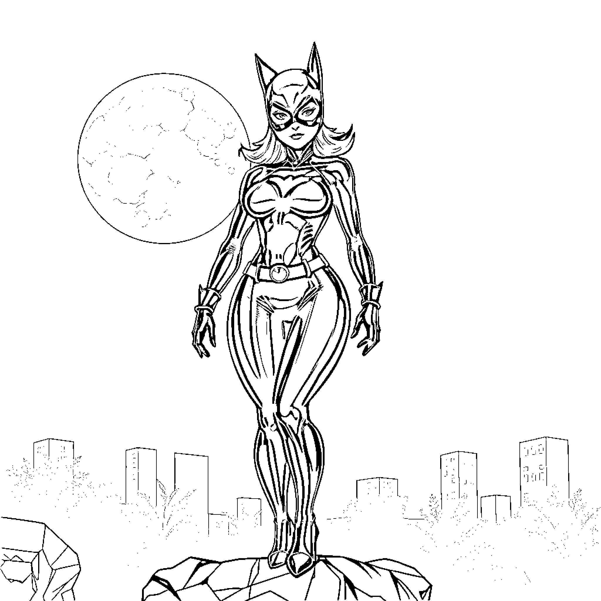 Catwoman posing heroically against the city skyline Coloring Page (free black-and-white line drawing printable PDF for all, from beginners to advanced learners, including children, teens, adults, and seniors)