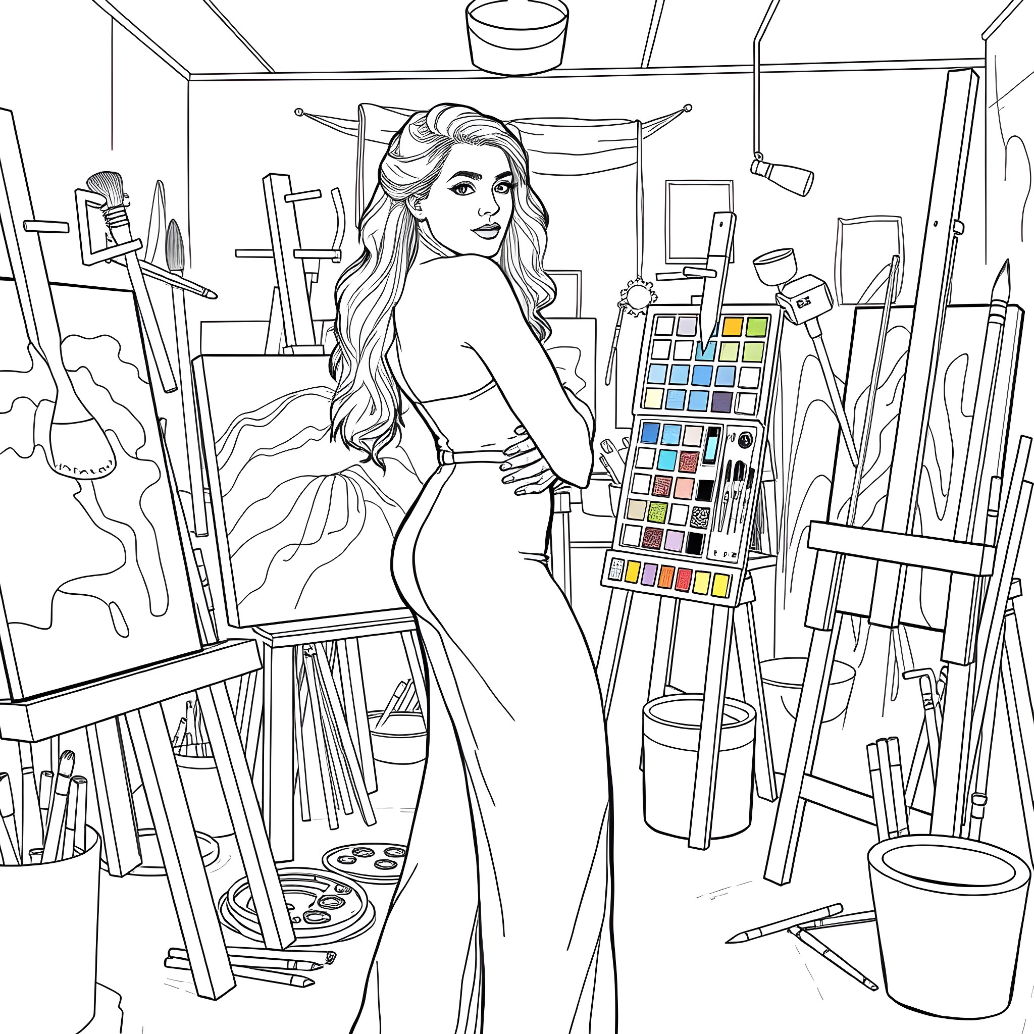 Angela White's artistic expression in her studio Coloring Page (free black-and-white line drawing printable PDF for all, from beginners to advanced learners, including children, teens, adults, and seniors)