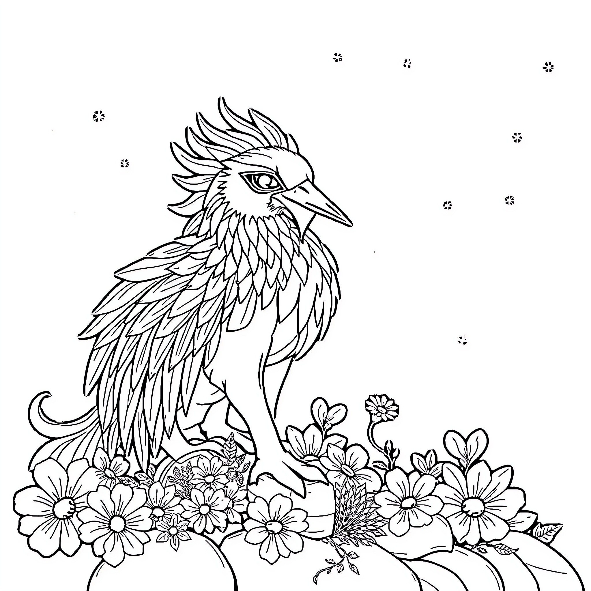 Samurai bird amidst vibrant floral scenery Coloring Page (free black-and-white line drawing printable PDF for all, from beginners to advanced learners, including children, teens, adults, and seniors)