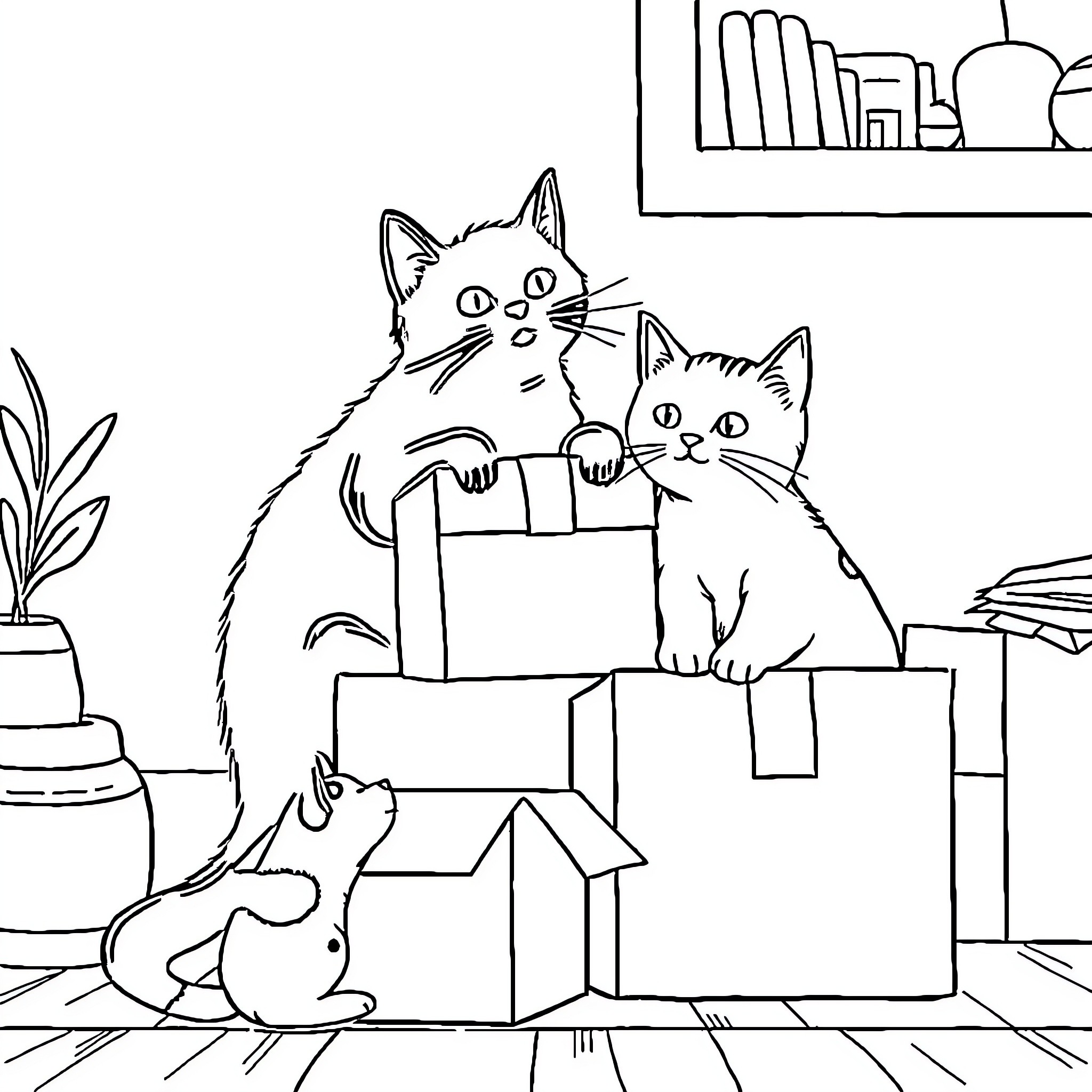 Cats exploring the boxes in a room Coloring Page (free black-and-white line drawing printable PDF for all, from beginners to advanced learners, including children, teens, adults, and seniors)