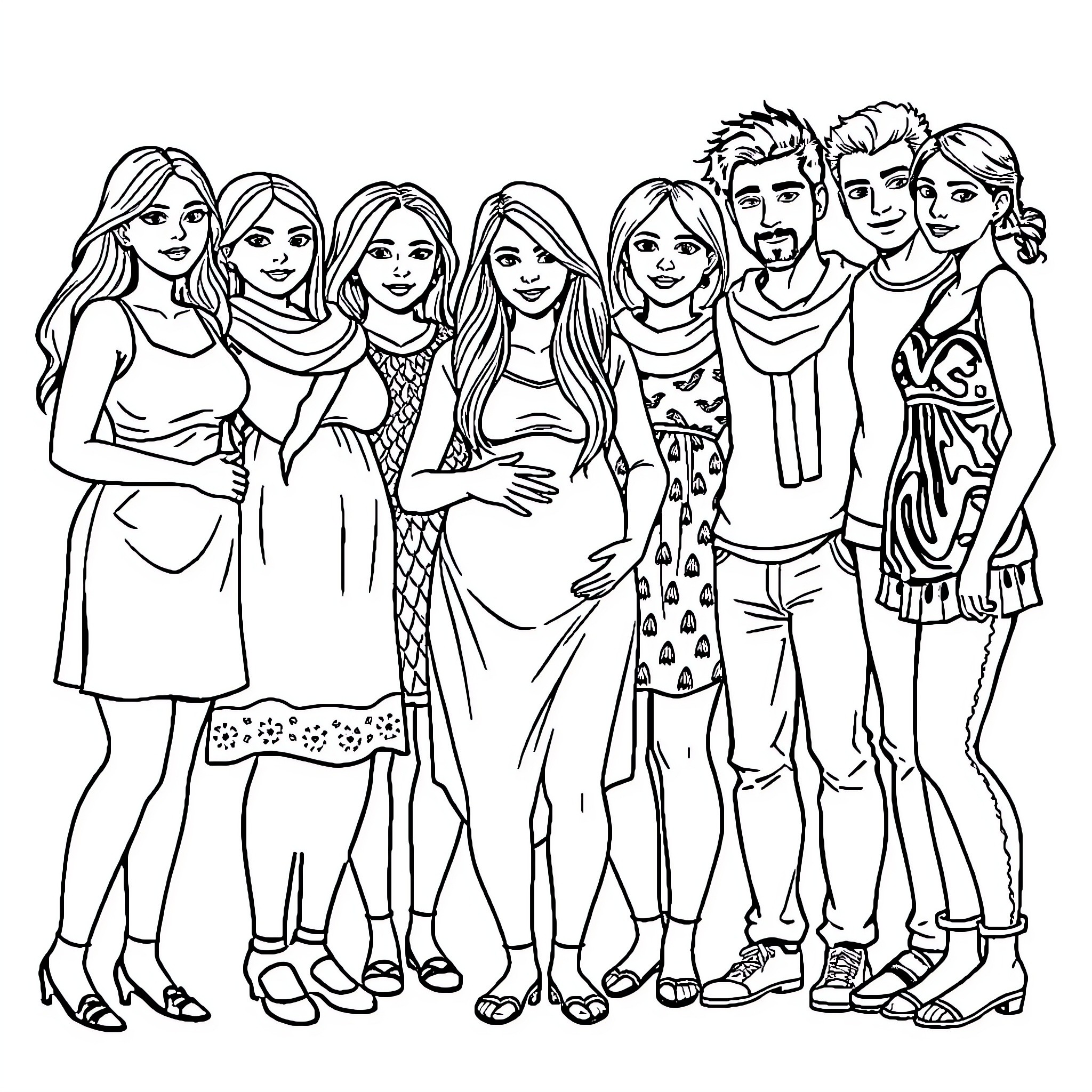 Women in a group portrait with various outfits and expressions Coloring Page (free black-and-white line drawing printable PDF for all, from beginners to advanced learners, including children, teens, adults, and seniors)
