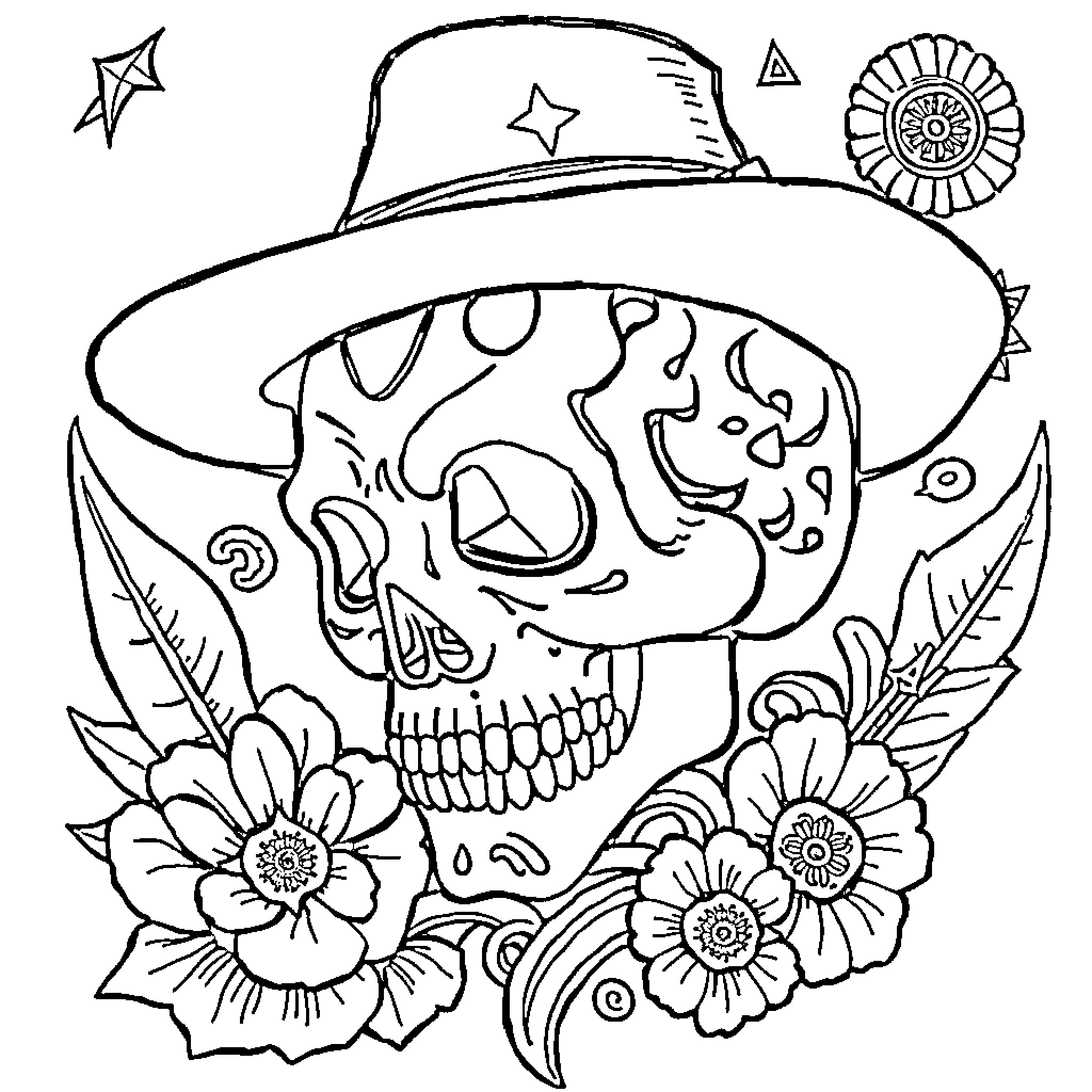 Tattoo design with skull wearing cowboy hat and flowers Coloring Page (free black-and-white line drawing printable PDF for all, from beginners to advanced learners, including children, teens, adults, and seniors)