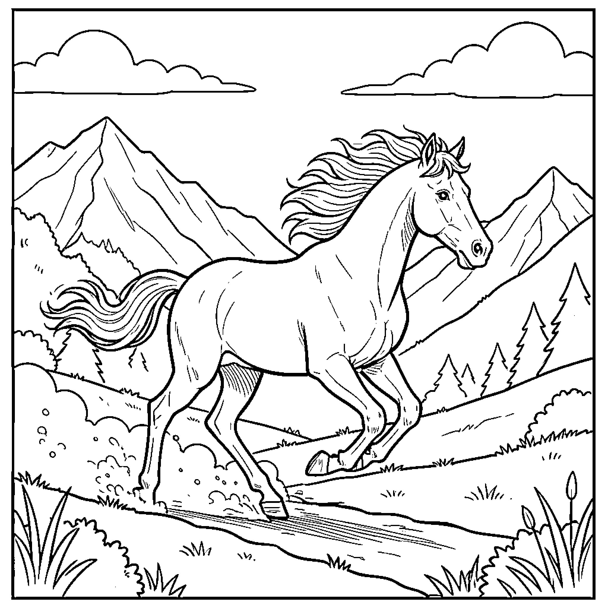 Caballo galloping freely in the mountain landscape Coloring Page (free black-and-white line drawing printable PDF for all, from beginners to advanced learners, including children, teens, adults, and seniors)