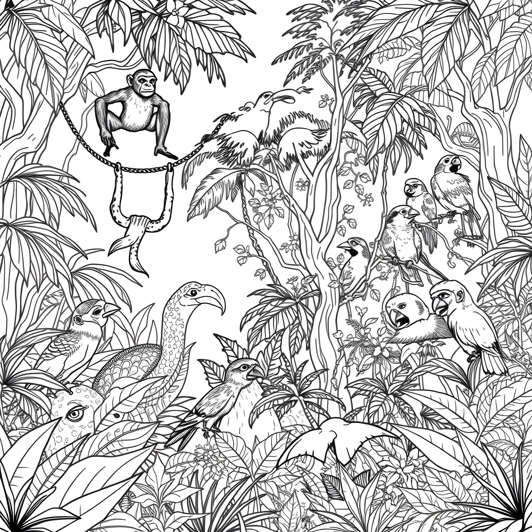 Animal Inhabitants of the Lush Tropical Jungle Coloring Page (free black-and-white line drawing printable PDF for all, from beginners to advanced learners, including children, teens, adults, and seniors)