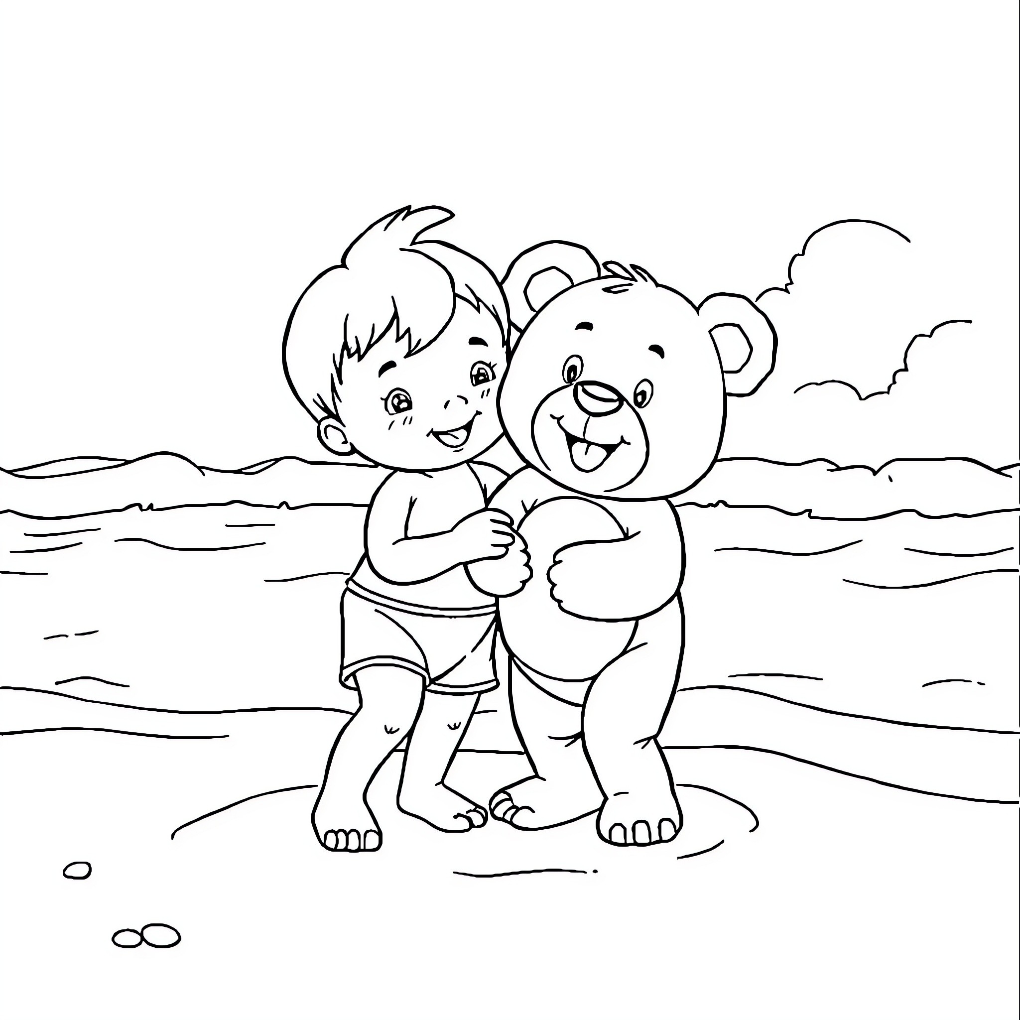 Bubu playing with a stuffed bear on the beach Coloring Page (free black-and-white line drawing printable PDF for all, from beginners to advanced learners, including children, teens, adults, and seniors)
