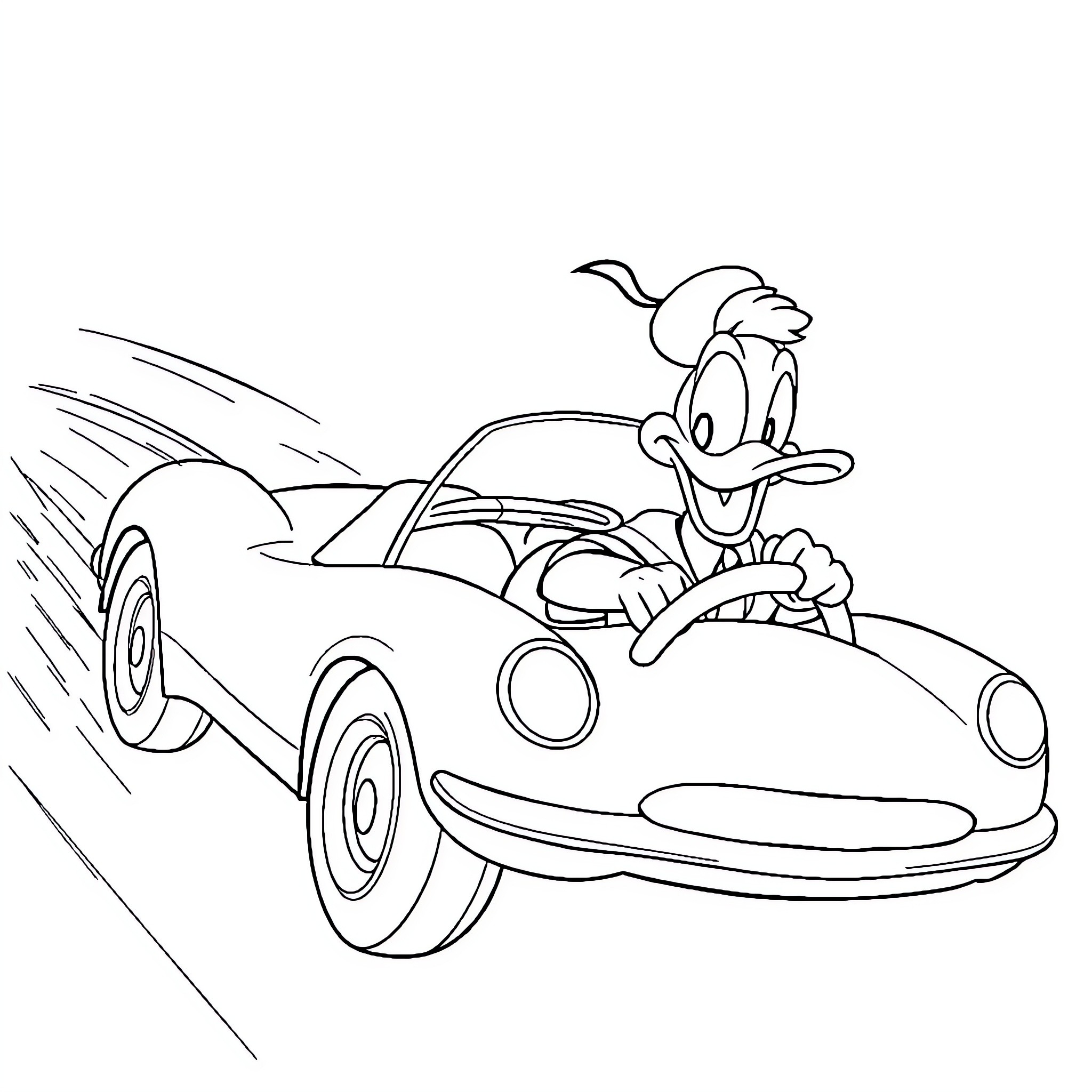 Donald Duck driving an exciting sports car Coloring Page (free black-and-white line drawing printable PDF for all, from beginners to advanced learners, including children, teens, adults, and seniors)