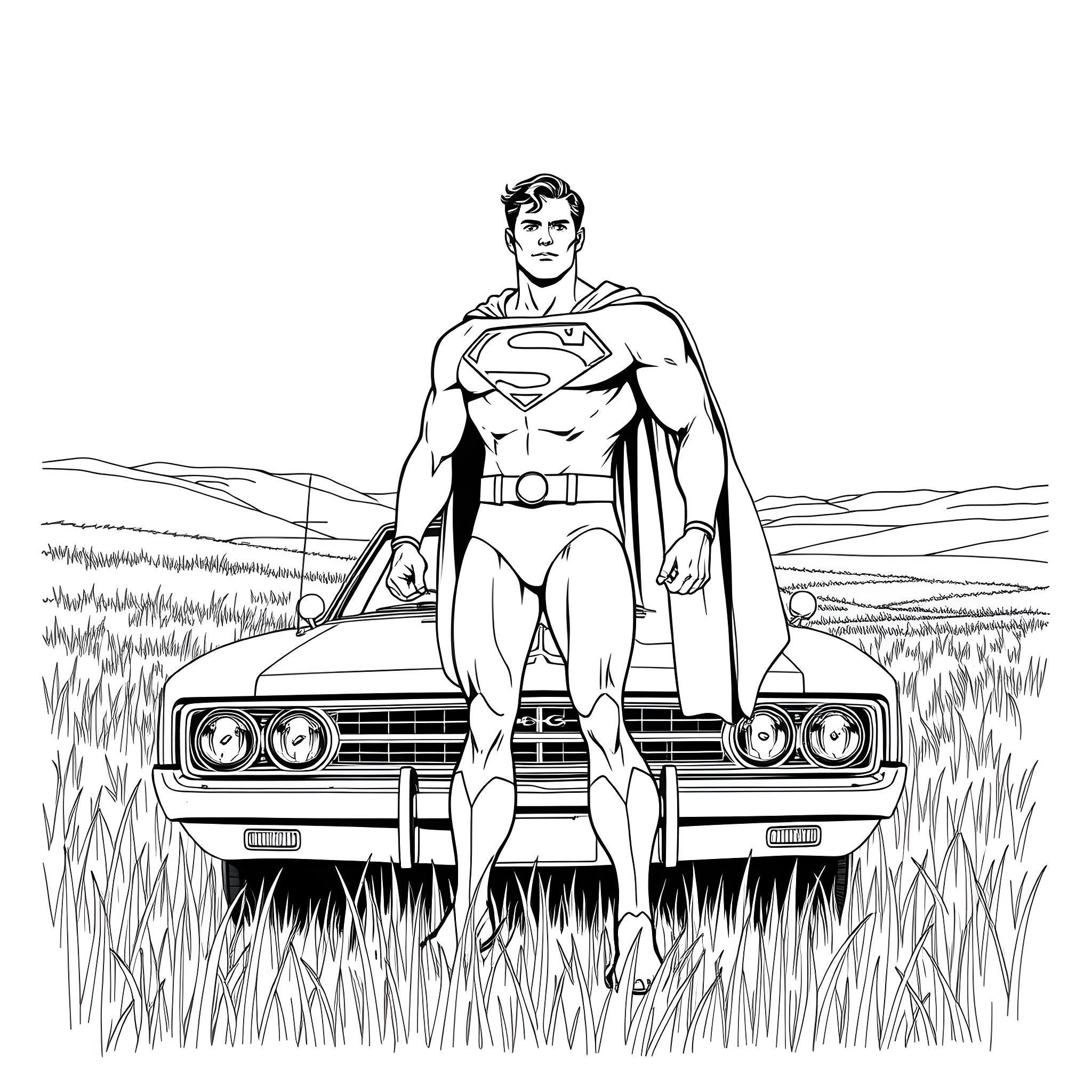 Superman in the Countryside with Classic Car Coloring Page (free black-and-white line drawing printable PDF for all, from beginners to advanced learners, including children, teens, adults, and seniors)