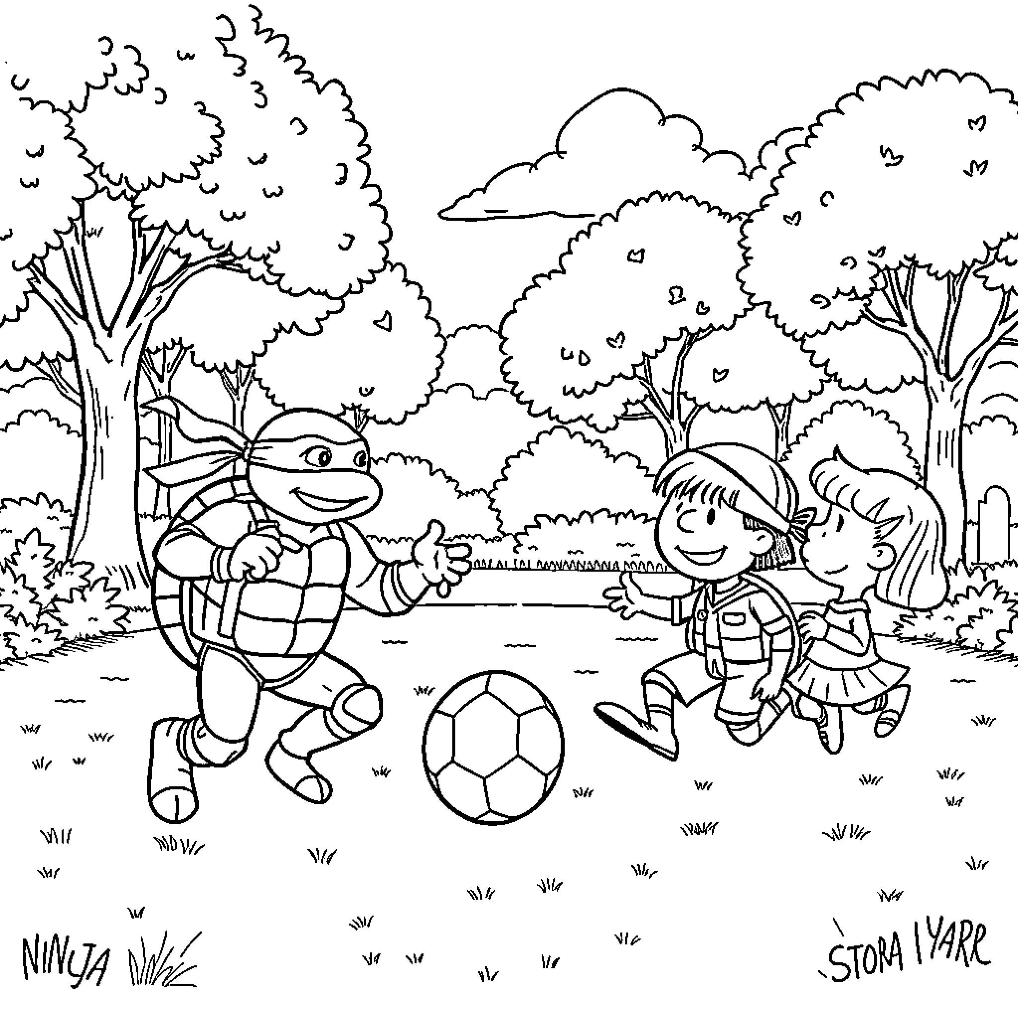 Ninja Turtle playing soccer with children in the park Coloring Page (free black-and-white line drawing printable PDF for all, from beginners to advanced learners, including children, teens, adults, and seniors)