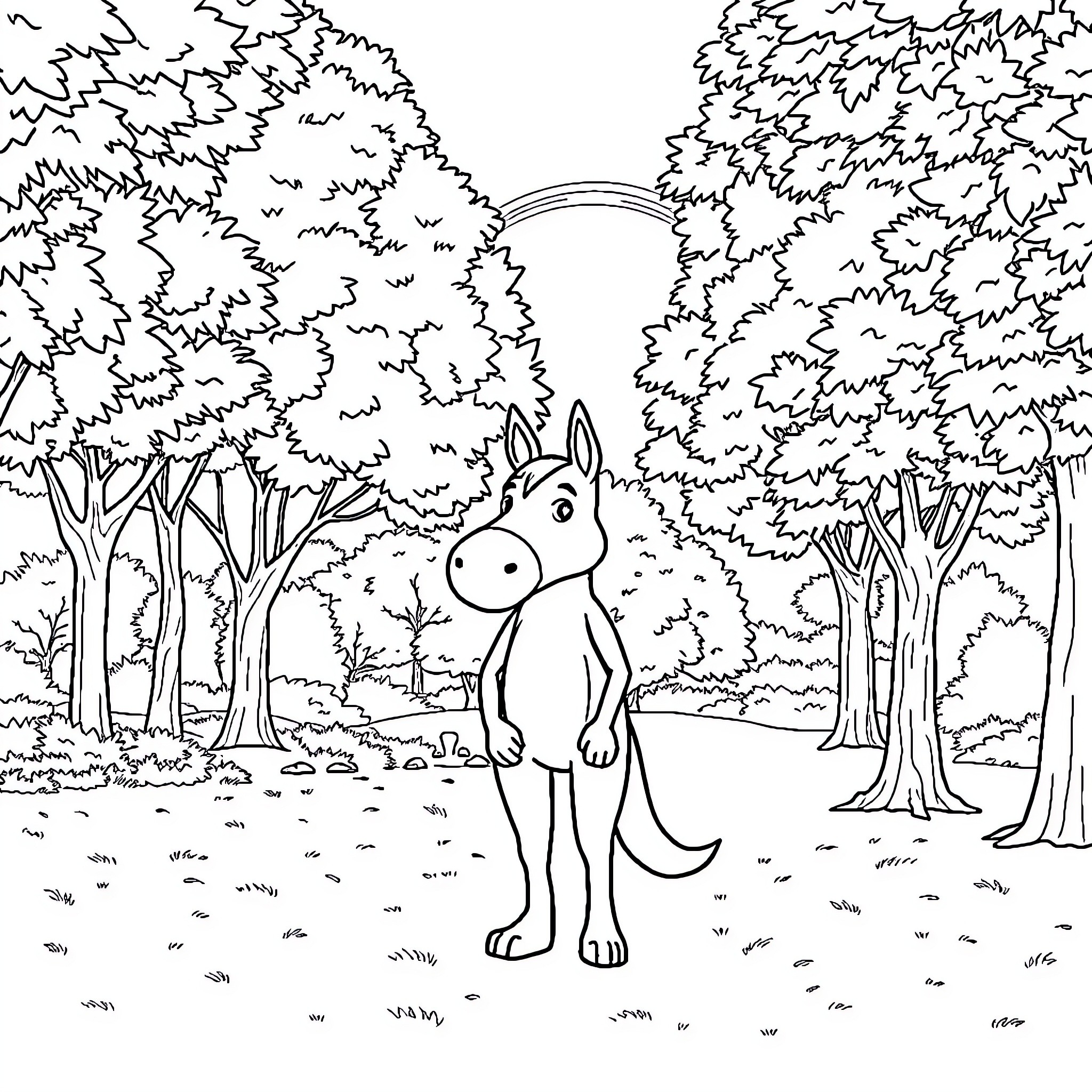 Roaming Rabbit in the Serene Forest Coloring Page (free black-and-white line drawing printable PDF for all, from beginners to advanced learners, including children, teens, adults, and seniors)