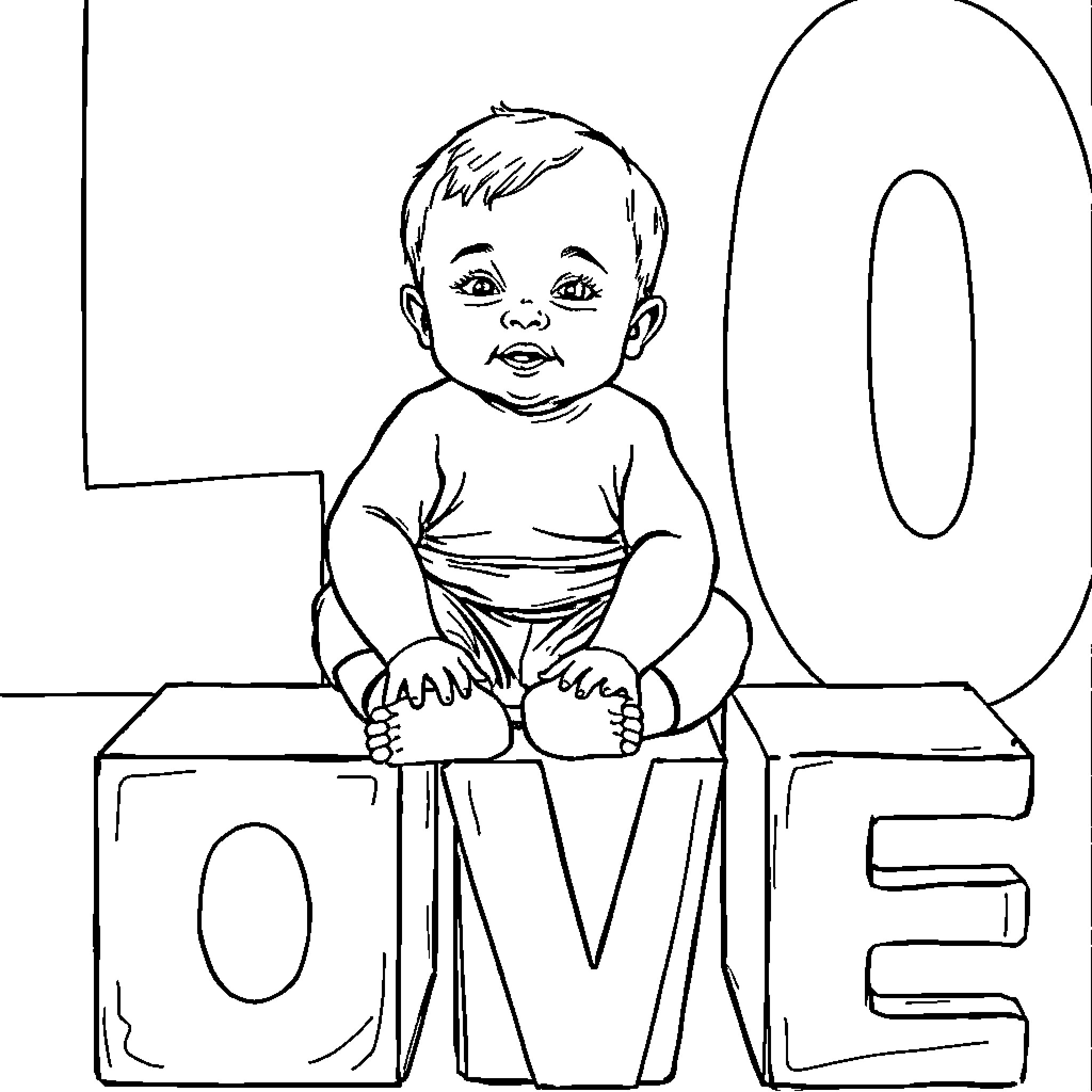Baby sitting on LOVE blocks Coloring Page (free black-and-white line drawing printable PDF for all, from beginners to advanced learners, including children, teens, adults, and seniors)